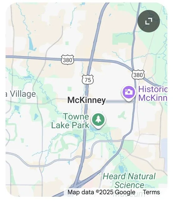 Map of McKinney, Texas showing Towne Lake Park, Historic McKinney, and nearby highways 75 and 380.