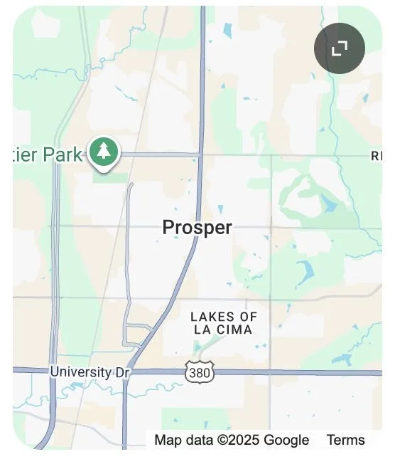 Map highlighting the town of Prosper, Texas, with nearby Lakes of La Cima and River Park, showing roads including University Drive and Highway 380.