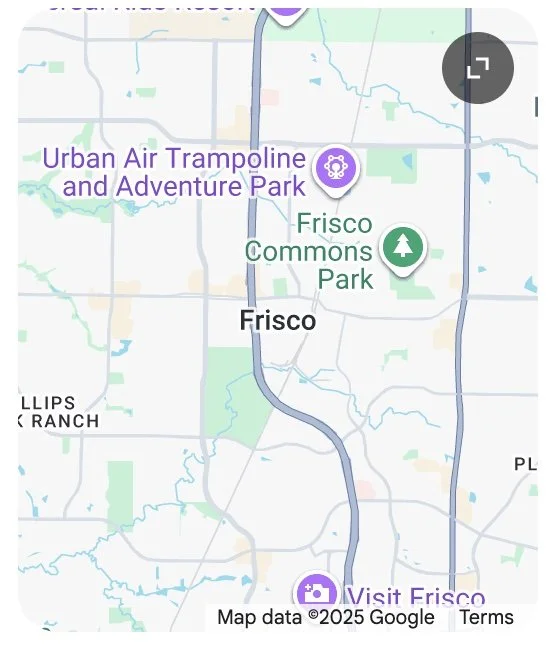 Map showing locations in Frisco, Texas, including Urban Air Trampoline and Adventure Park, Frisco Commons Park, and Visit Frisco.