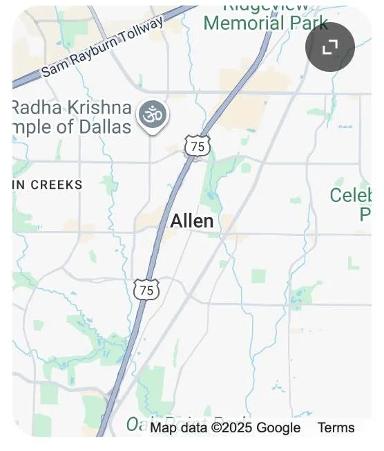 Map showing the location of Allen, Texas, near Highway 75, with nearby landmarks such as Radha Krishna Temple of Dallas and Kayview Memorial Park.