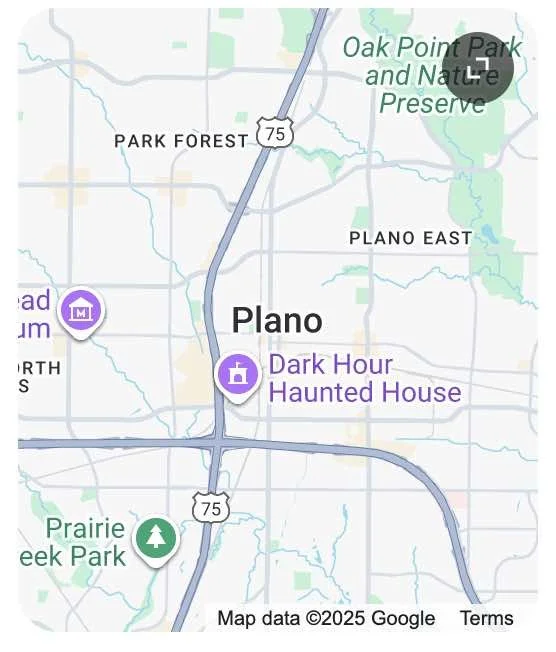 Map showing locations in Plano, Texas, including a haunted house, parks, and a nature preserve.