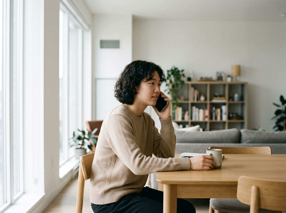 A woman with curly black hair wearing a beige sweater is sitting at a wooden table, talking on her cellphone, with a cup in her hand, in a bright modern living room.