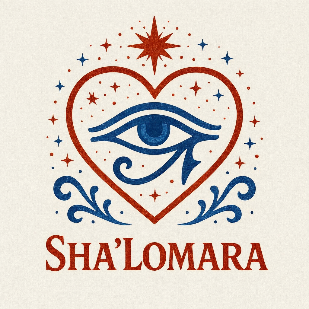 A stylized graphic with a blue eye inside a red heart, surrounded by stars and dots, with a large star at the top. The text "SHA'LOMARA" is written below in red.