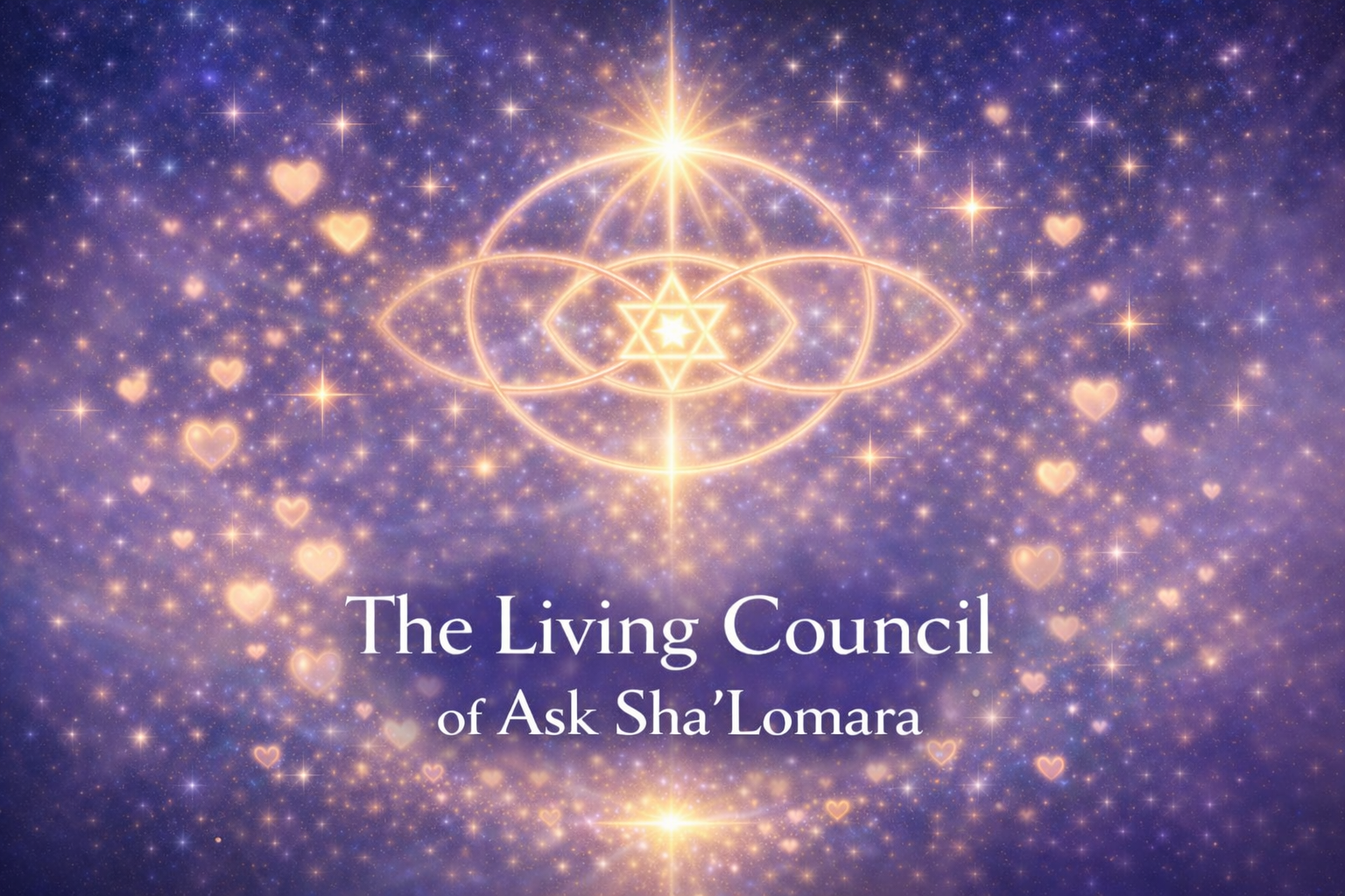 A cosmic background with purple and gold stars and hearts, featuring glowing geometric shapes and the text 'The Living Council of Ask Sha'lomara'.