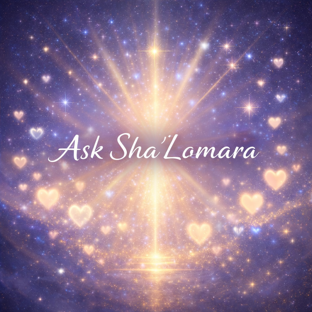 A cosmic scene with bright stars, glowing hearts, and radiant light beams, with the words 'Ask Sha’Lamara' written in the center.