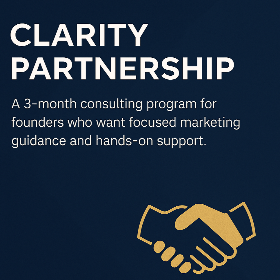 Text promoting Clarity Partnership, a 3-month consulting program for founders seeking marketing guidance and support, with a handshake icon.
