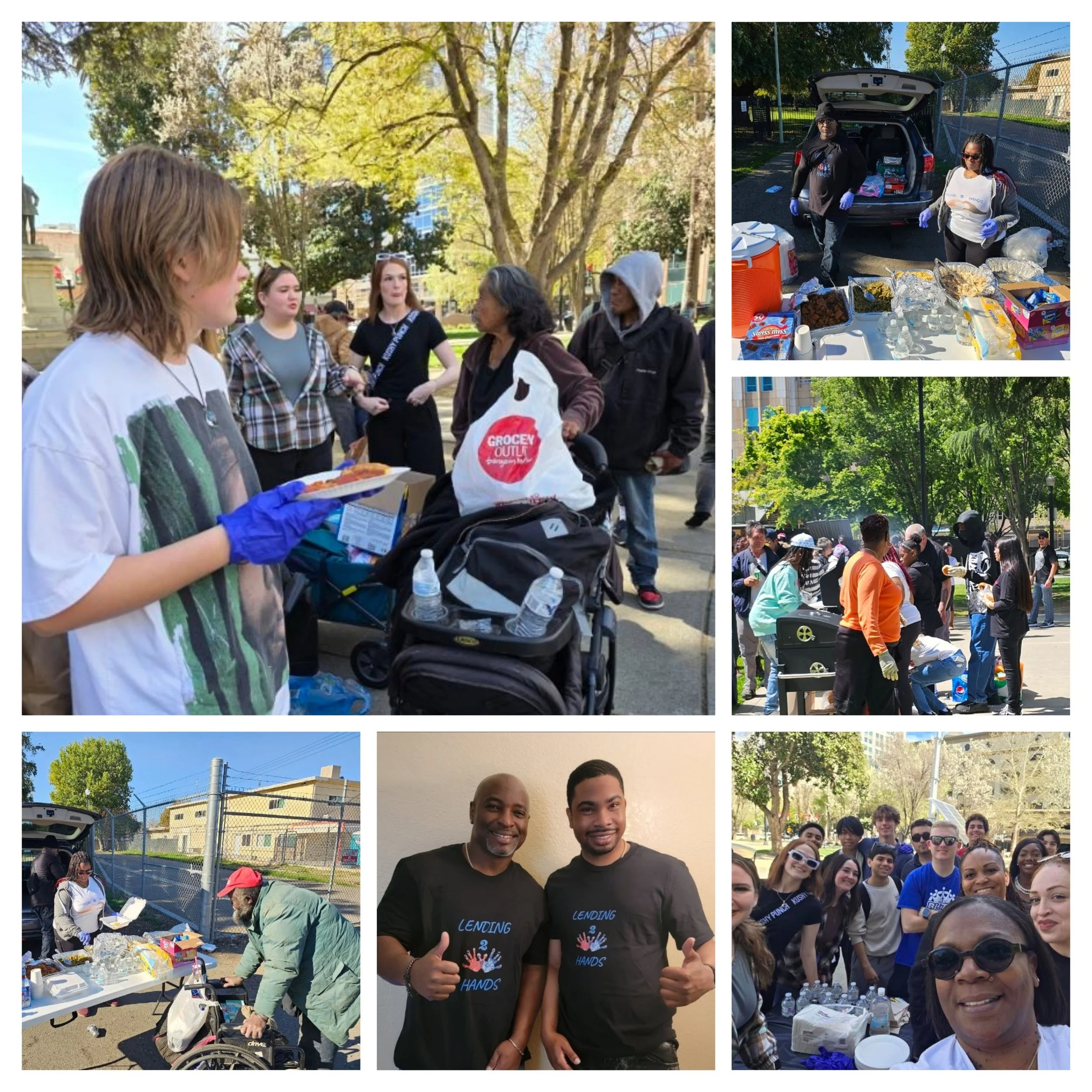 Photos of a community event where volunteers distribute food and supplies to people in a park. Images show volunteers preparing and handing out food, people receiving donations, and a group of smiling participants.
