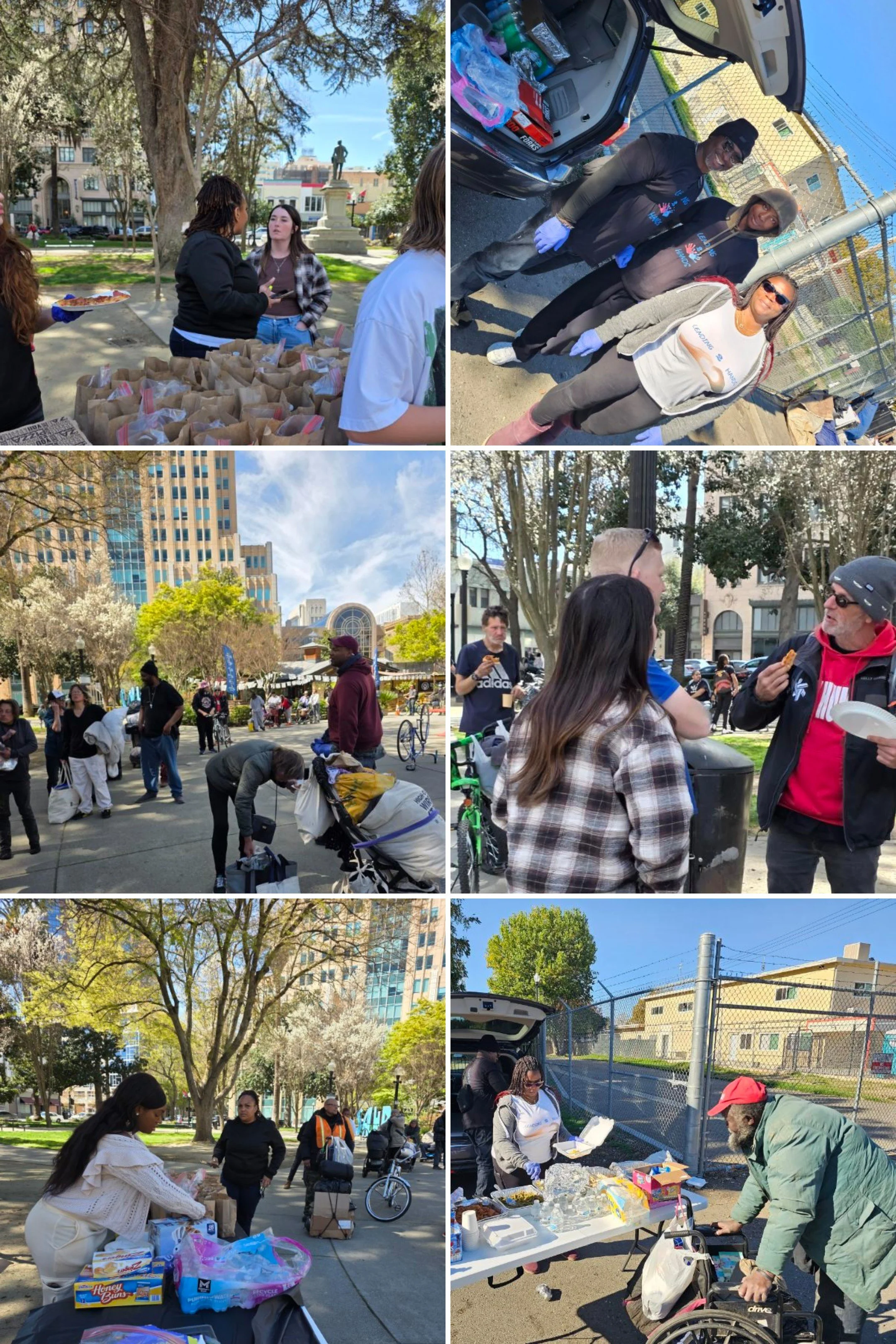 Various scenes of people participating in a community event or charity activity in a park, including distributing food, talking, and setting up tables with snacks and supplies.