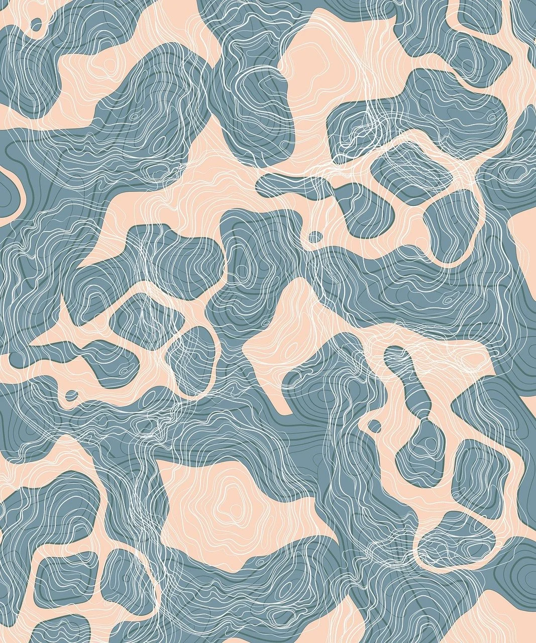 Abstract pattern with blue, beige, and white contour lines resembling topographic map.