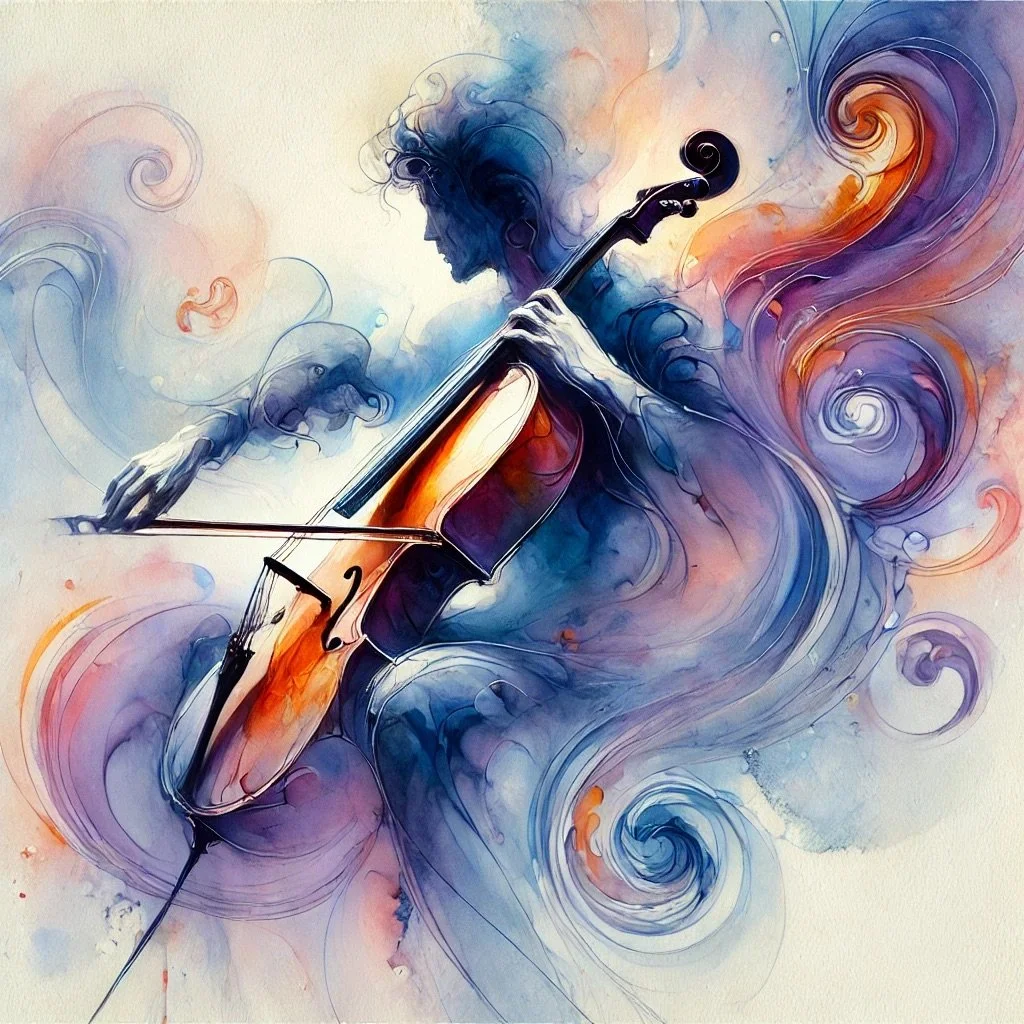 An artistic watercolor painting of a woman playing the cello, with swirling colors and abstract background.