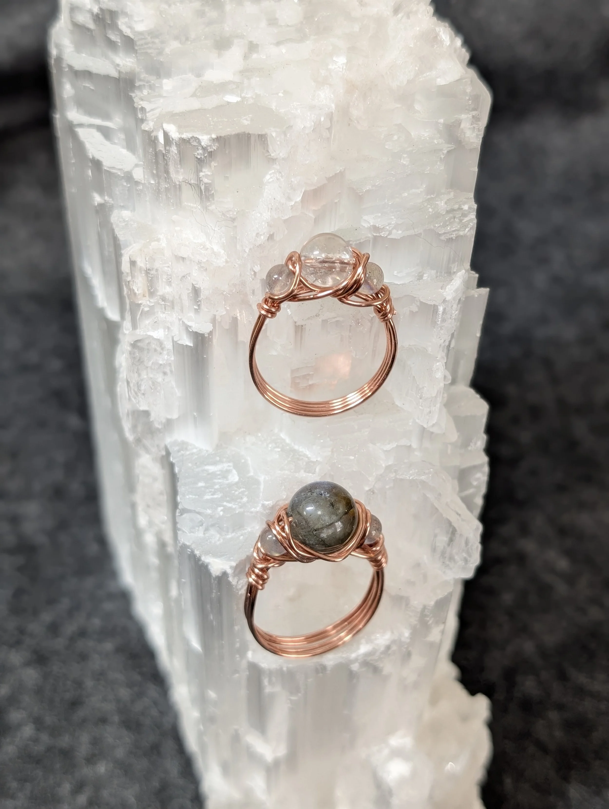 Fire Quartz and Labradorite Ring (top) with Labradorite ring (bottom)