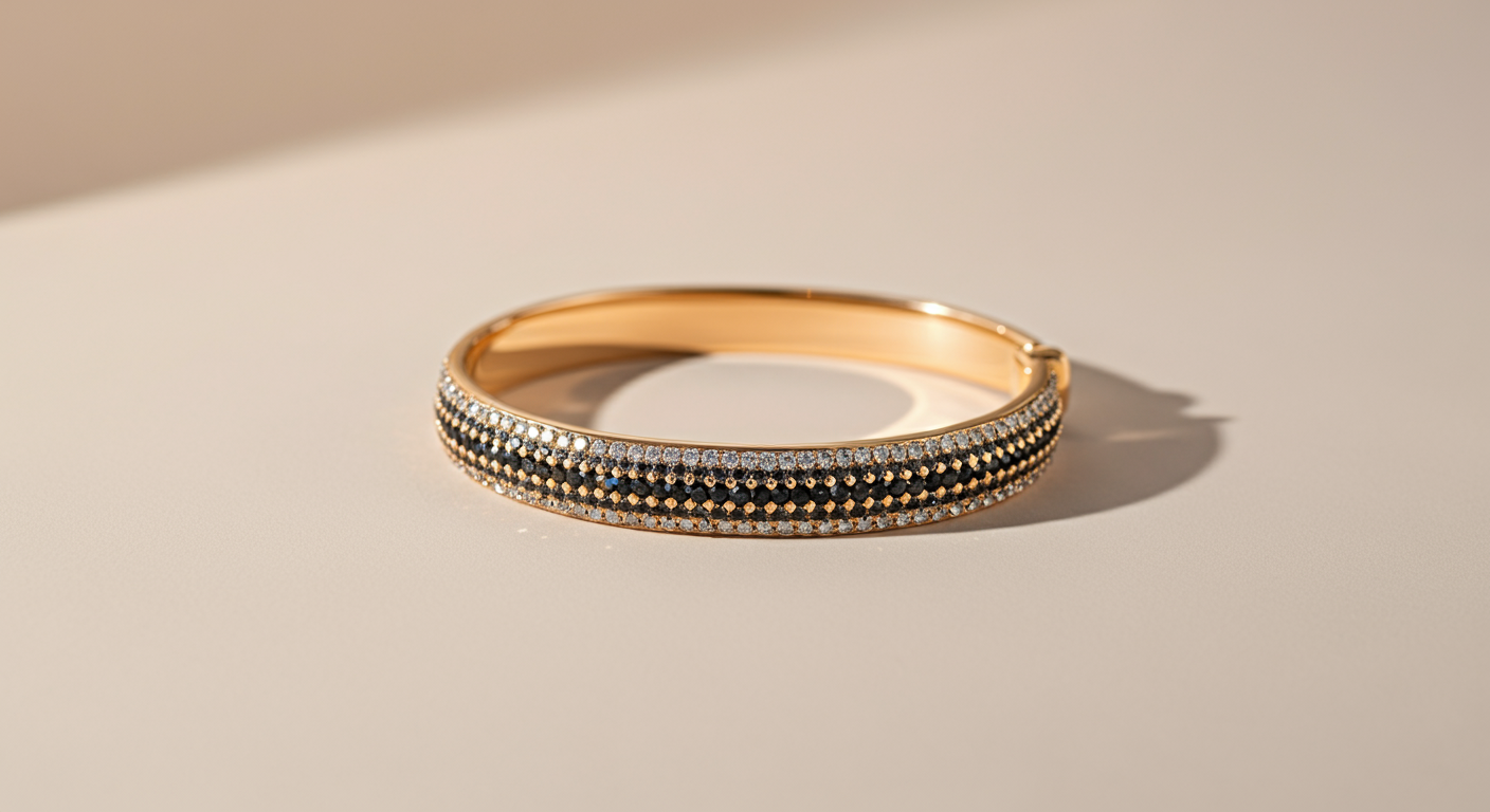 A gold bracelet with three rows of small gemstones, including white, black, and possibly blue stones, resting on a light-colored surface.