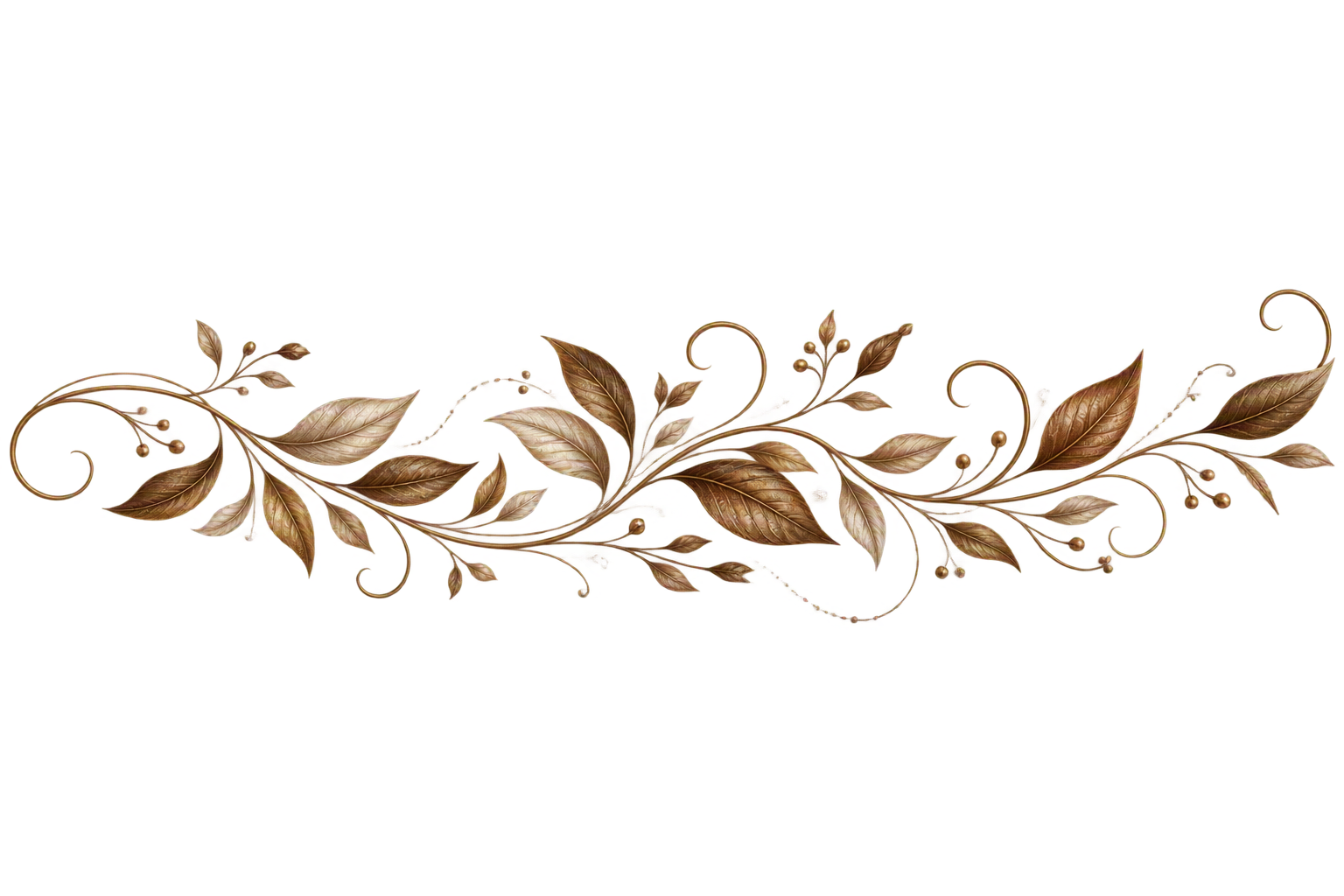 Decorative floral design with gold-colored leaves and swirls on a transparent background.