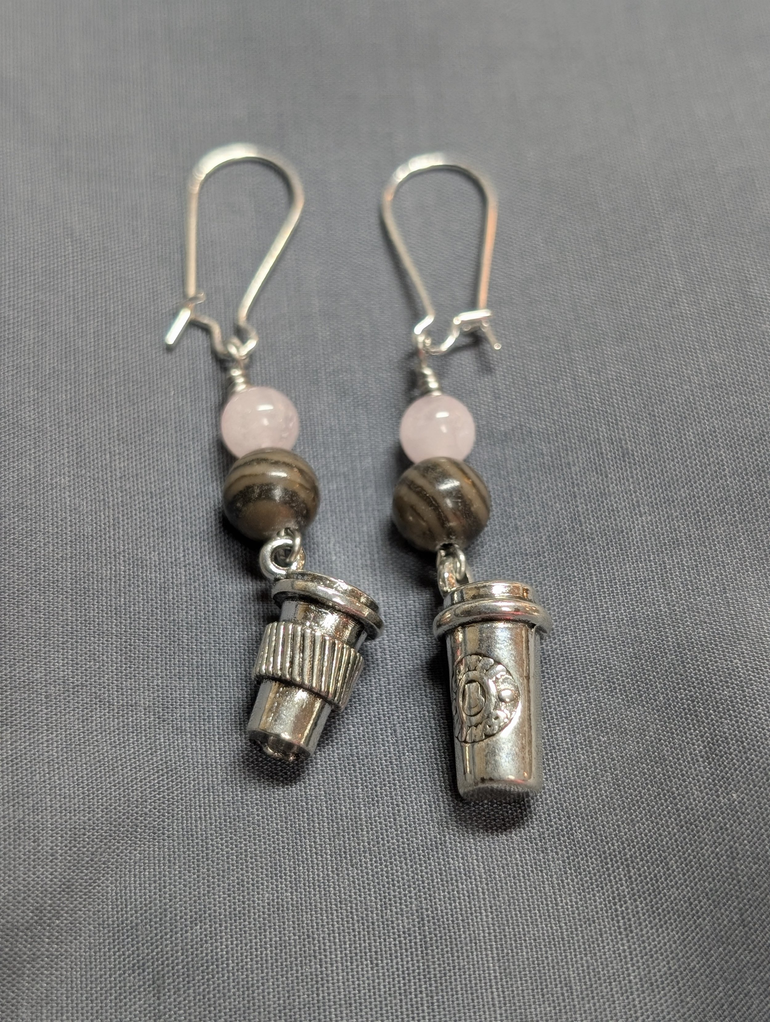 Set of silver cappuccino jasper and rose quartz earrings with to-go cup coffees as accents 