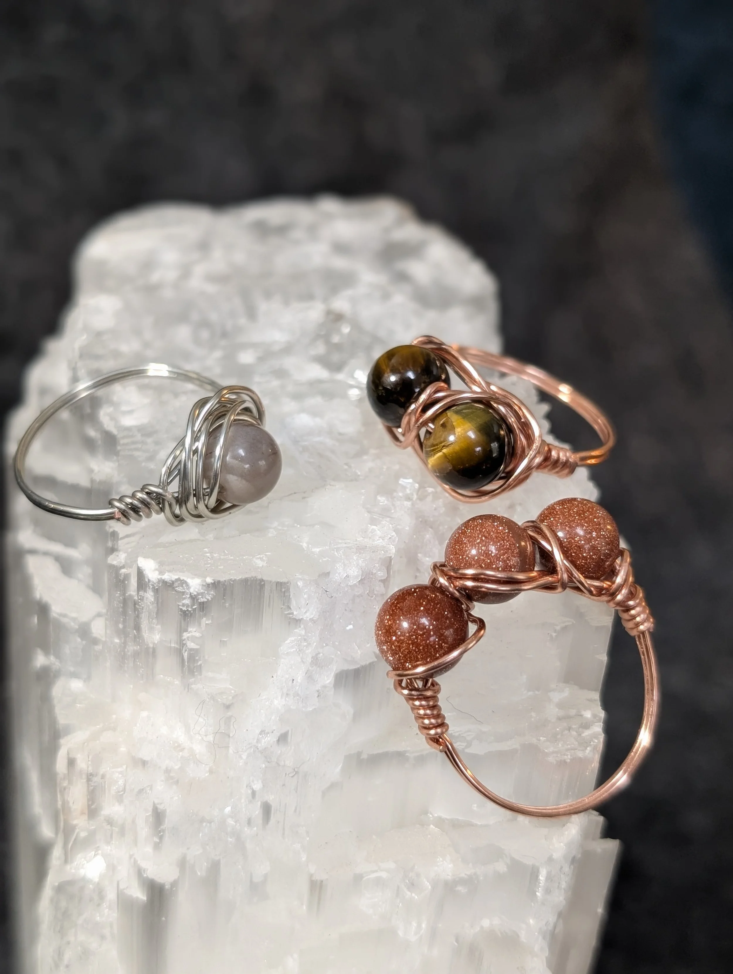Labradorite, Tiger's Eye, and Orange Goldstone Rings