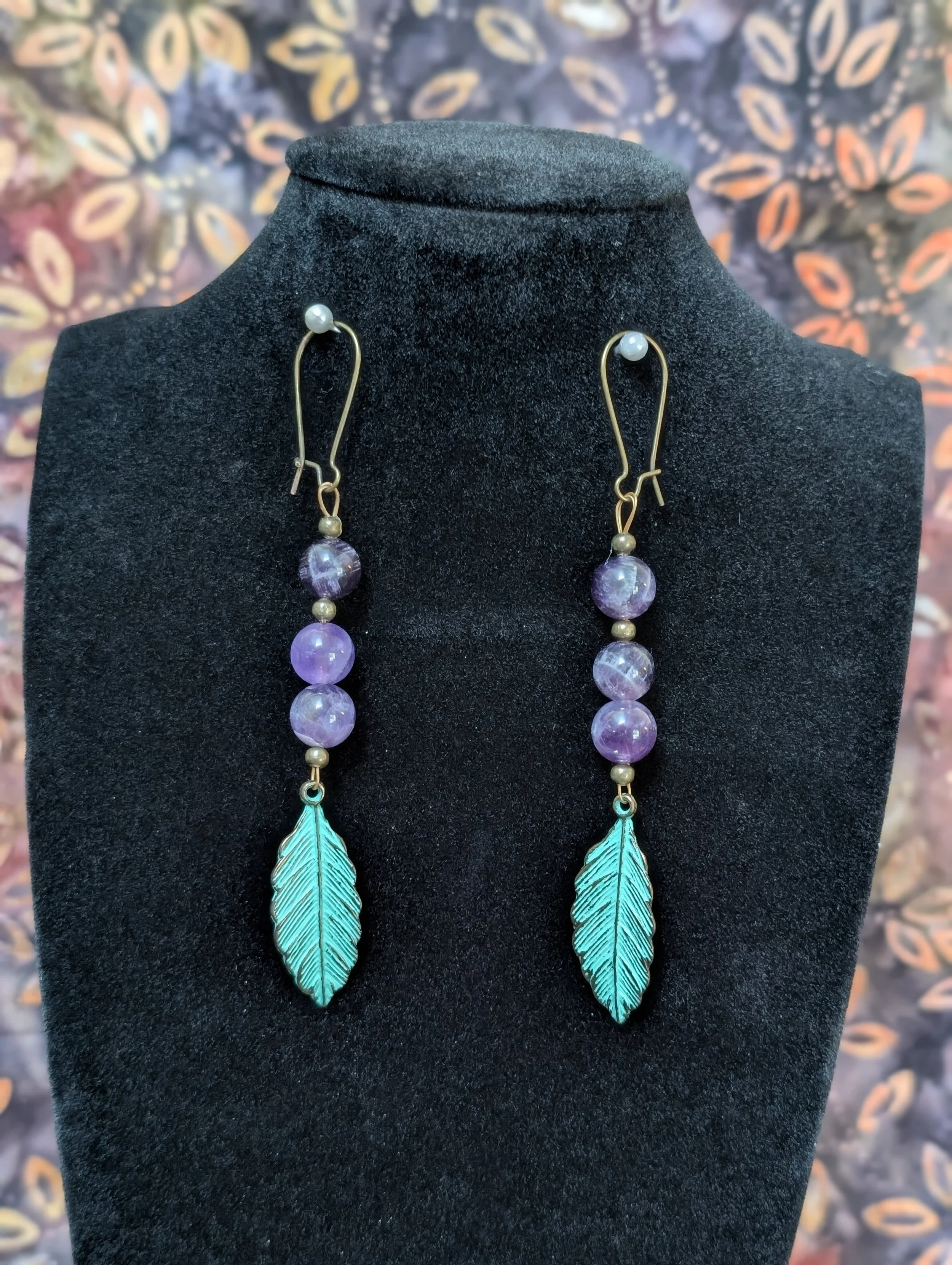 Purple Amethyst with decorative leaf / feather charm earrings