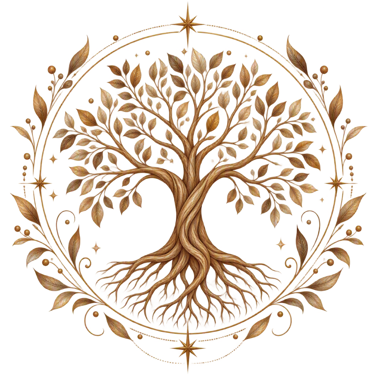 Stylized gold tree with numerous leaves and roots encircled by an ornate decorative border featuring stars and leaf motifs.
