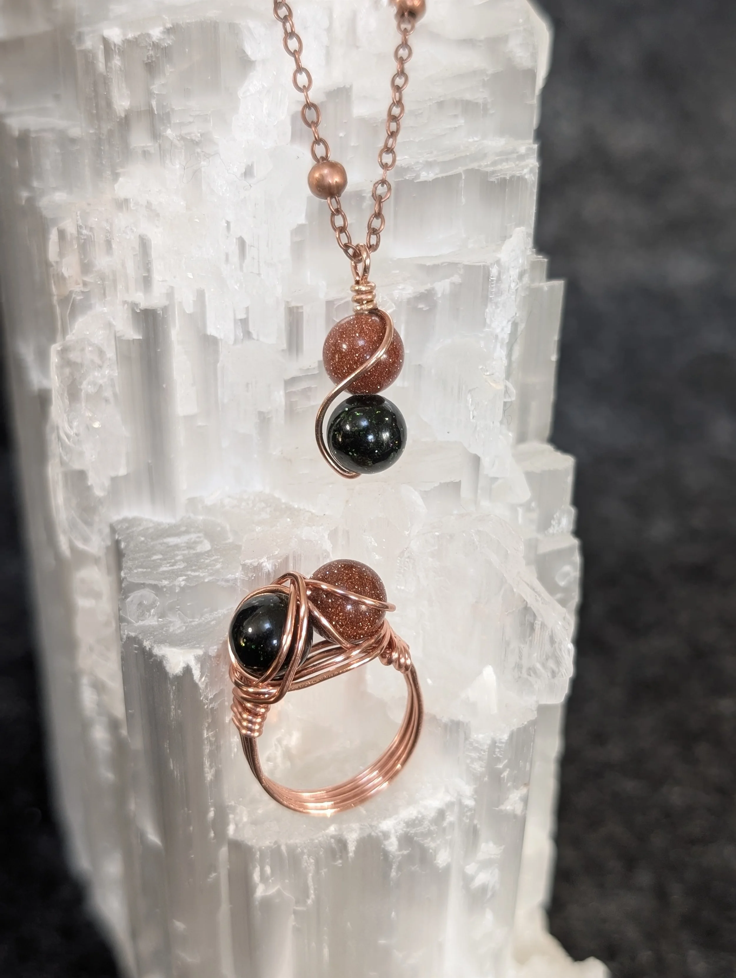 Orange and Green Goldstone Ring and Necklace set