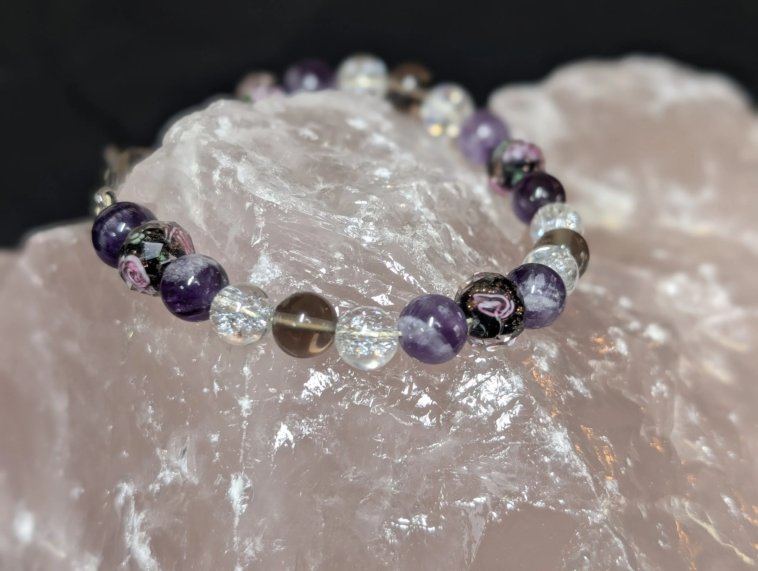 Smokey Quartz, Fire Quartz, Amethyst, and decorative glass bead bracelet