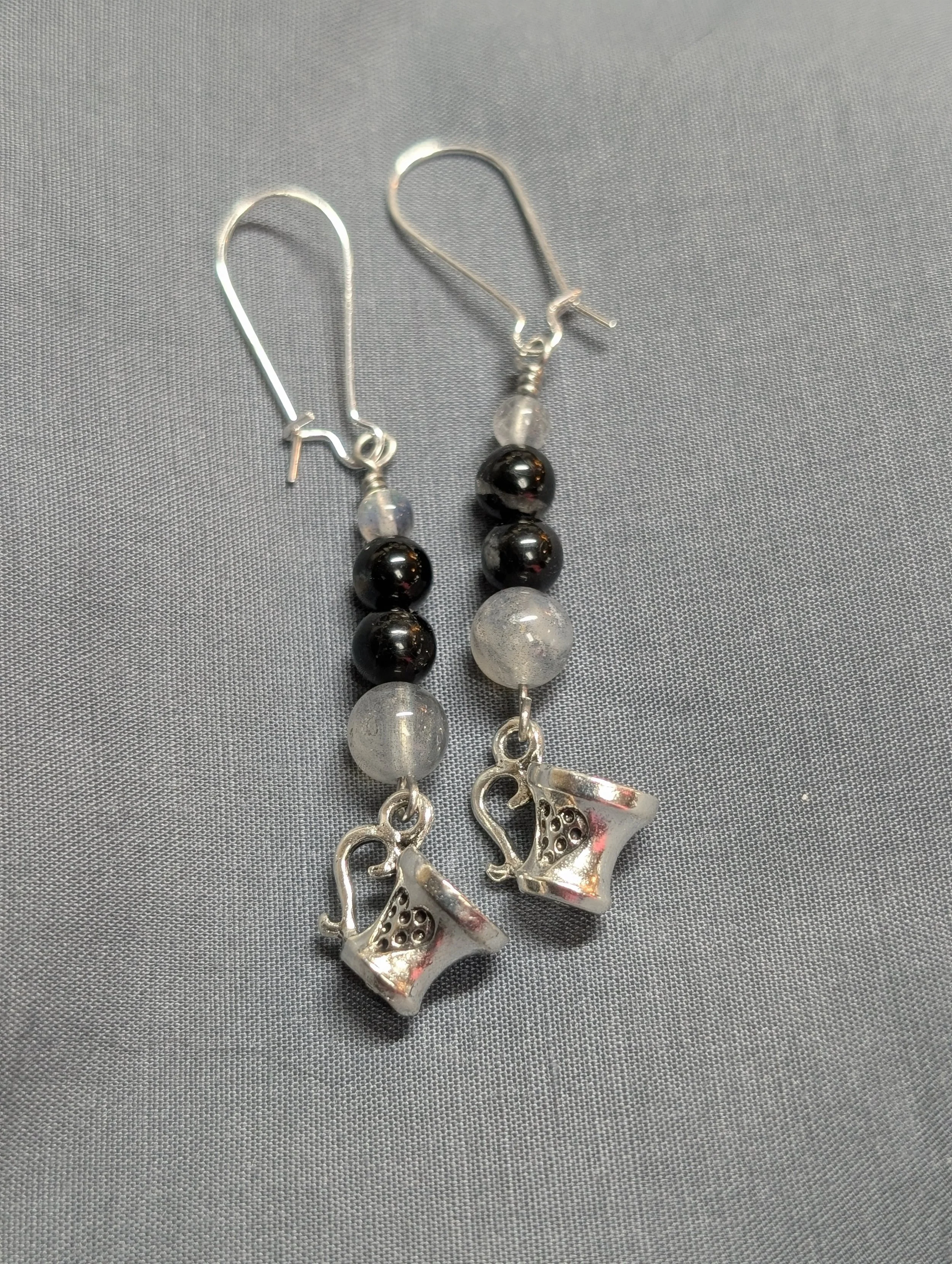 Silver labradorite and silver obsidian earrings with coffee cup charms 