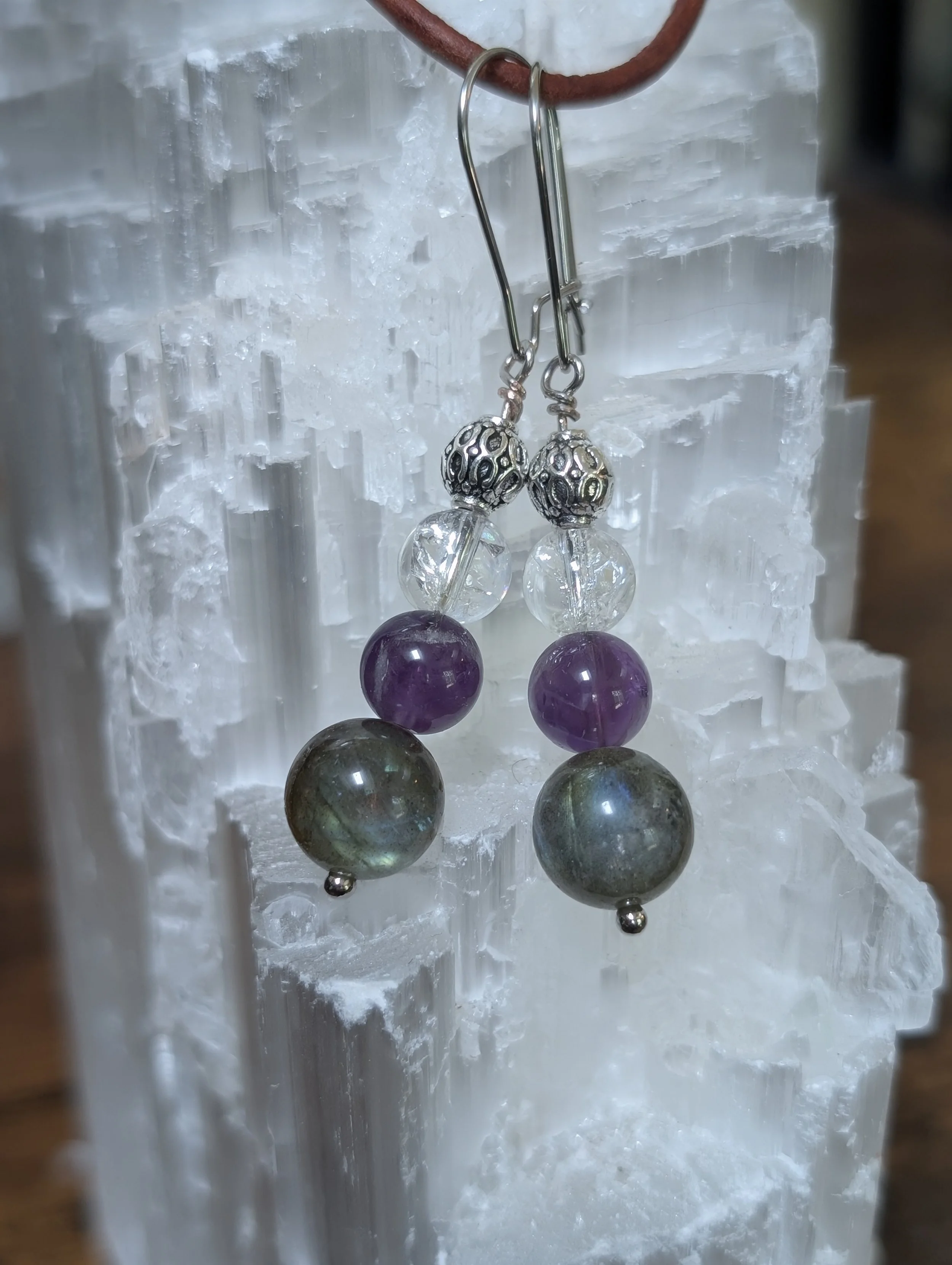 Fire quartz, amethyst and labradorite earrings 