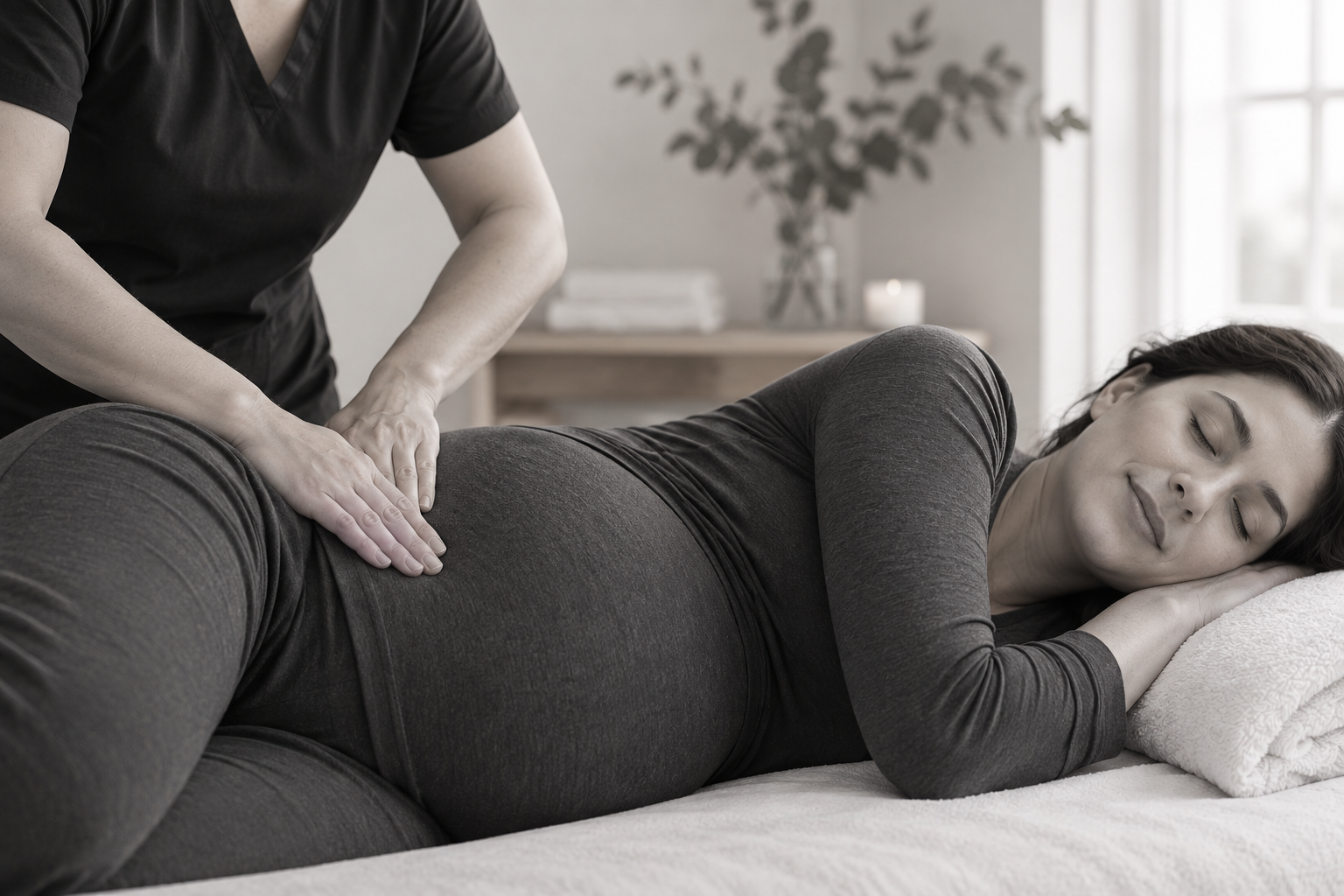 Therapist massaging a pregnant client's lower back while she lies on her side
