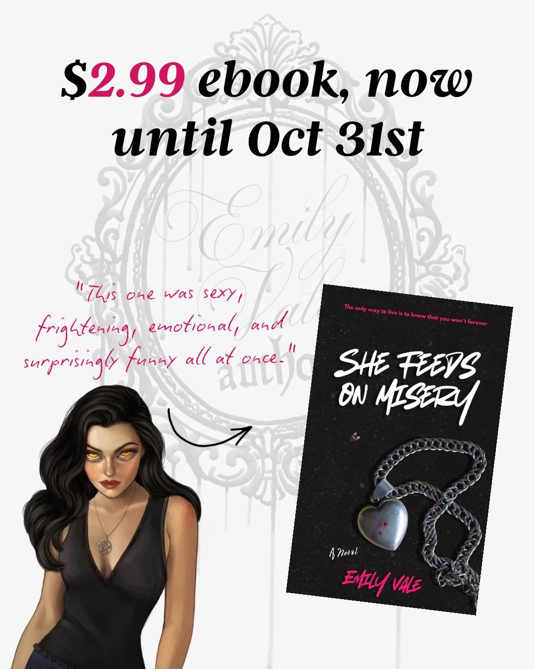 This horror comedy takes you on a girl&rsquo;s trip you won&rsquo;t forget.
😈✨🖤
$2.99 e book until OCT 31st!!!
&bull;&bull;&bull;&bull;&bull;&bull;
&bull;haunting
&bull;sassy demon
&bull;comply or die
&bull;mysticism
&bull;sacrifices
&bull;vampires