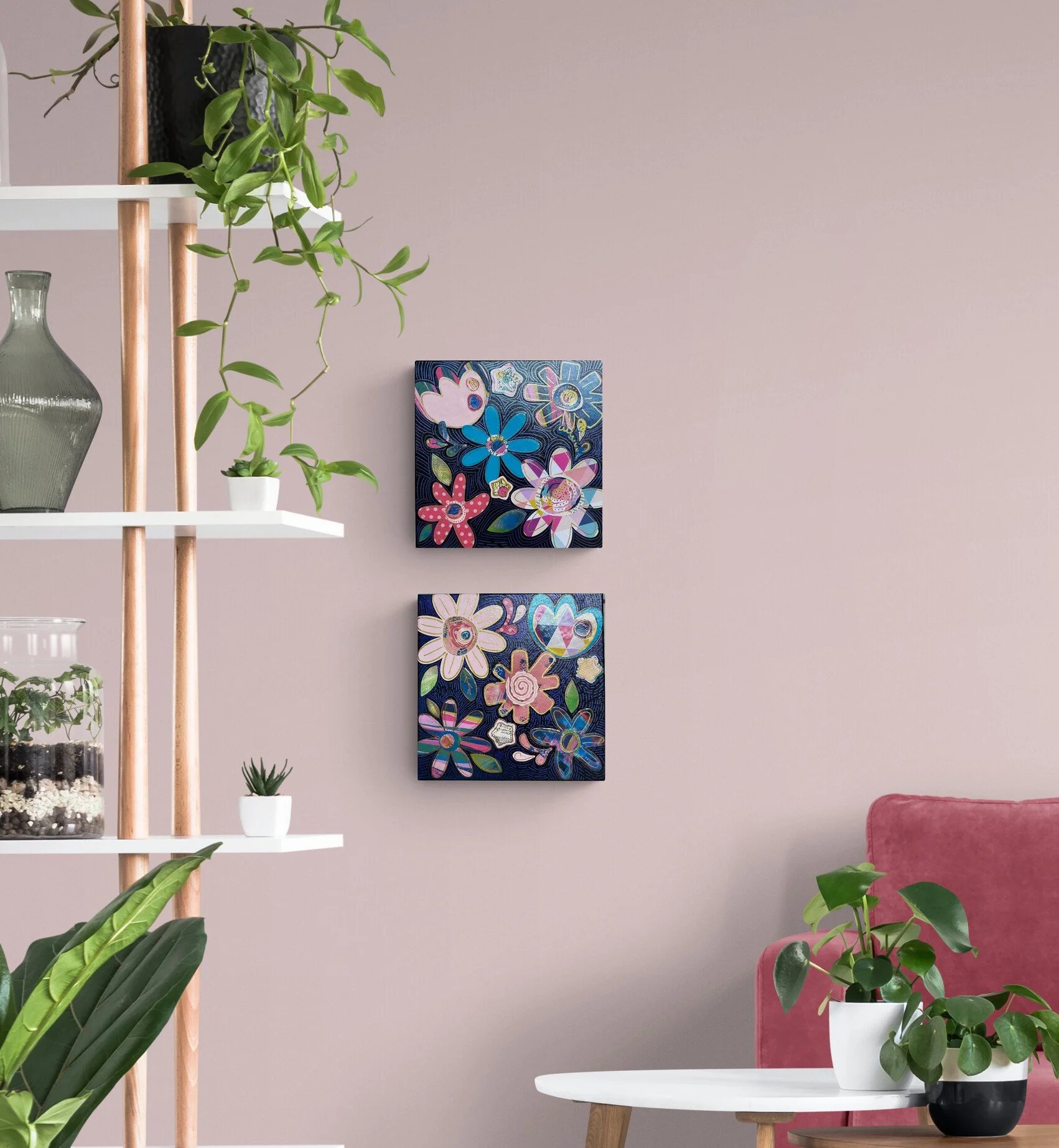 Mixed Media Collage Whimsical Floral Pair