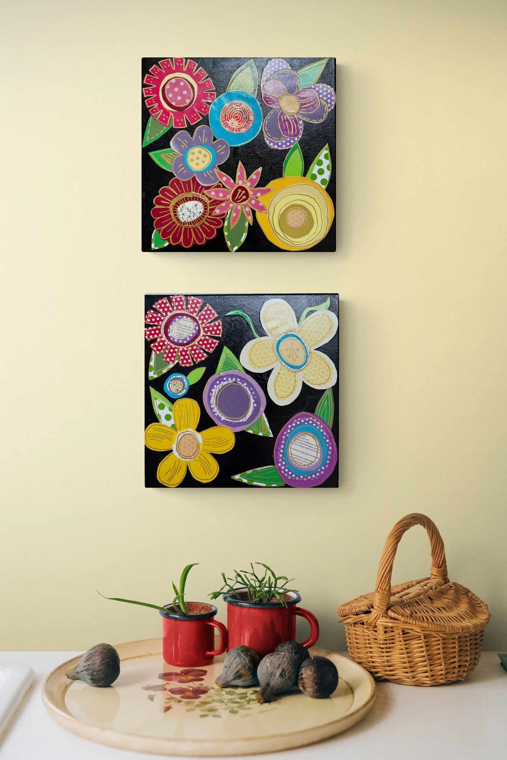 Mixed Media Collage Bold Floral Pair