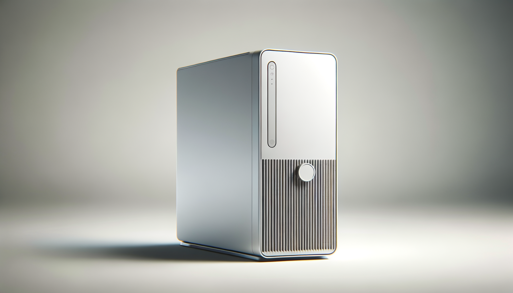Modern desktop computer tower with a sleek silver design, vertical vents at the bottom, and various small indicator lights on the front panel.