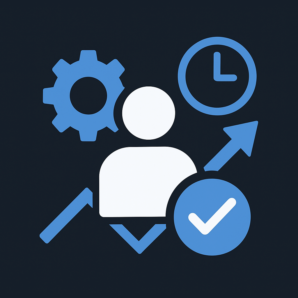 Digital illustration of a person surrounded by icons of a gear, clock, arrow, checkmark, and magnifying glass, representing productivity and time management.