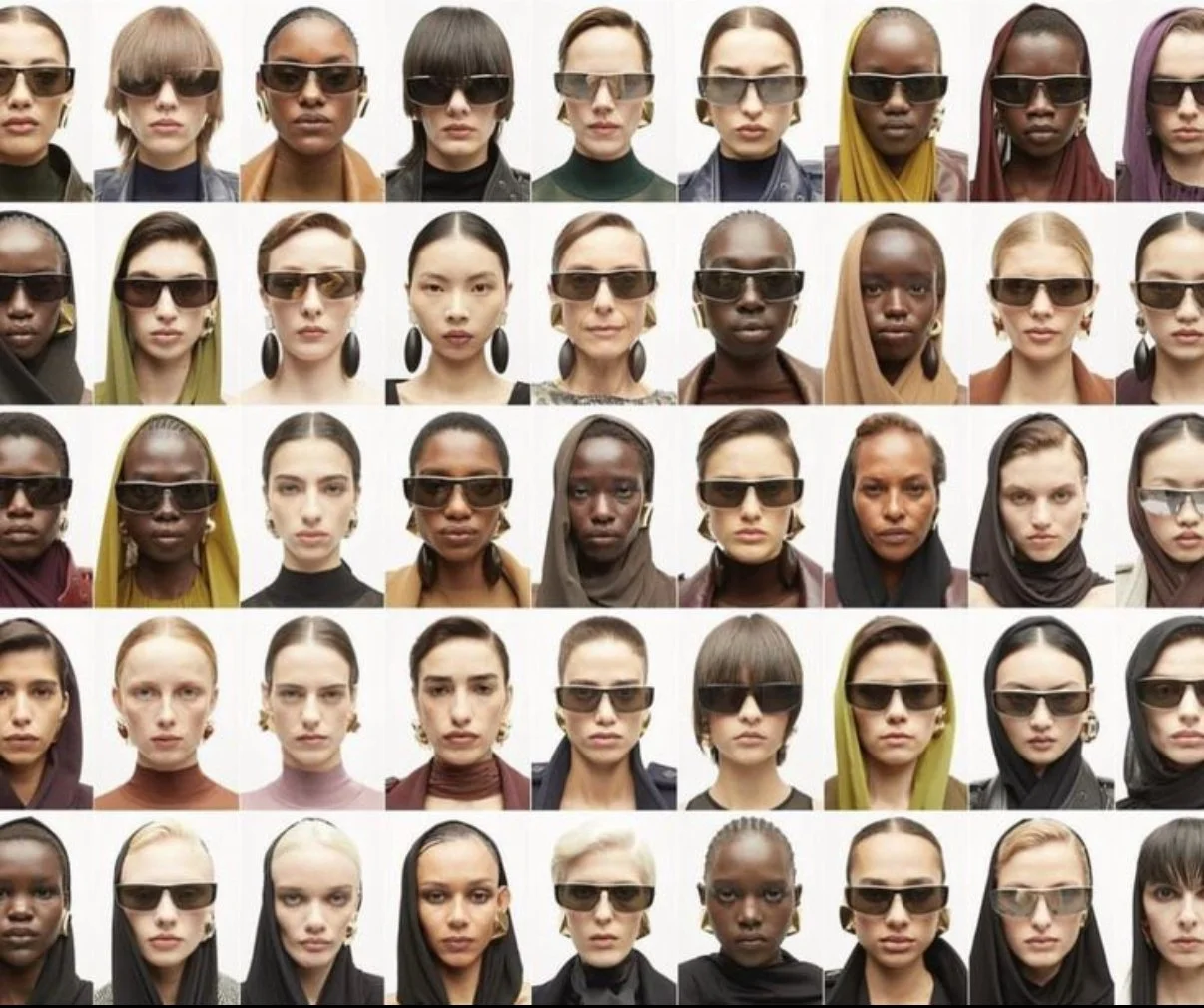 A grid of diverse women wearing sunglasses, some with headscarves and earrings, against a white background.