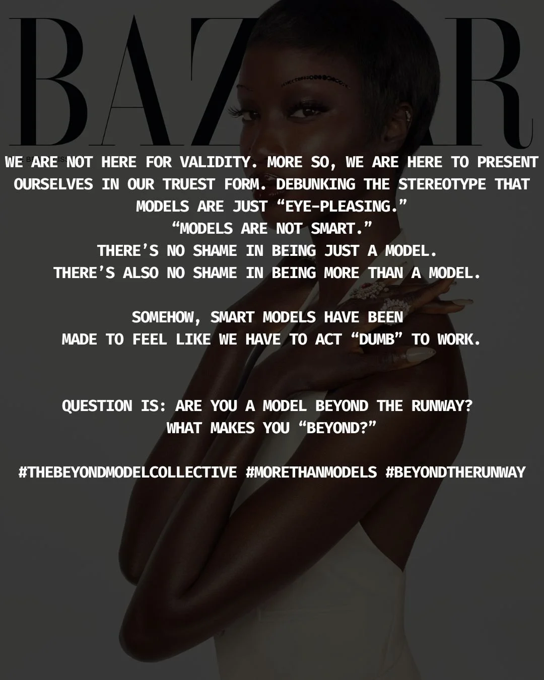 A model with short hair and dark skin poses with her hand resting on her shoulder, with large text overlay discussing models, stereotypes, and being beyond the runway, set against a dark background with a partially visible magazine logo.