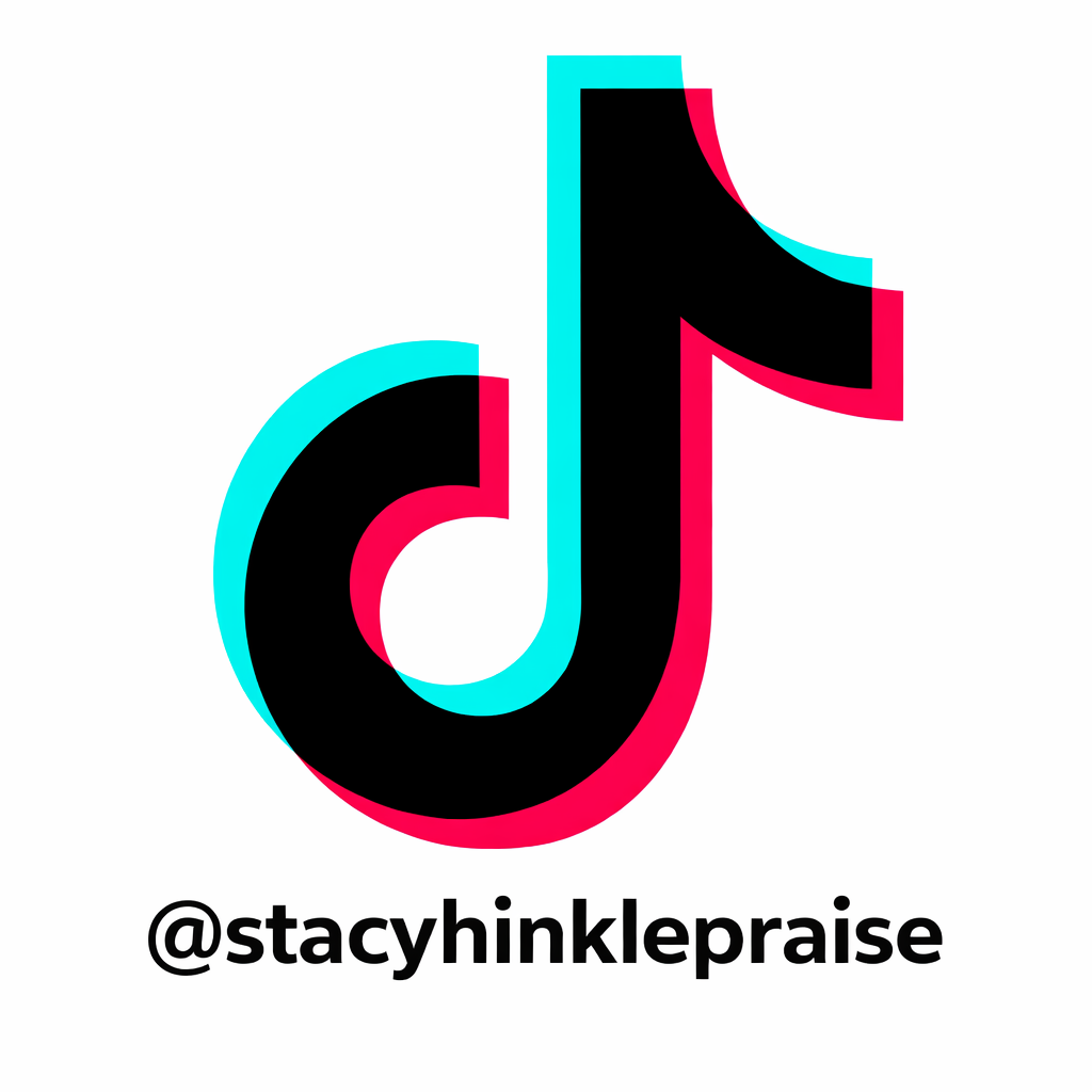 TikTok logo in black with a 3D effect, featuring blue and pink shadow outlines, and the text '@stacyhinklepraise' below.