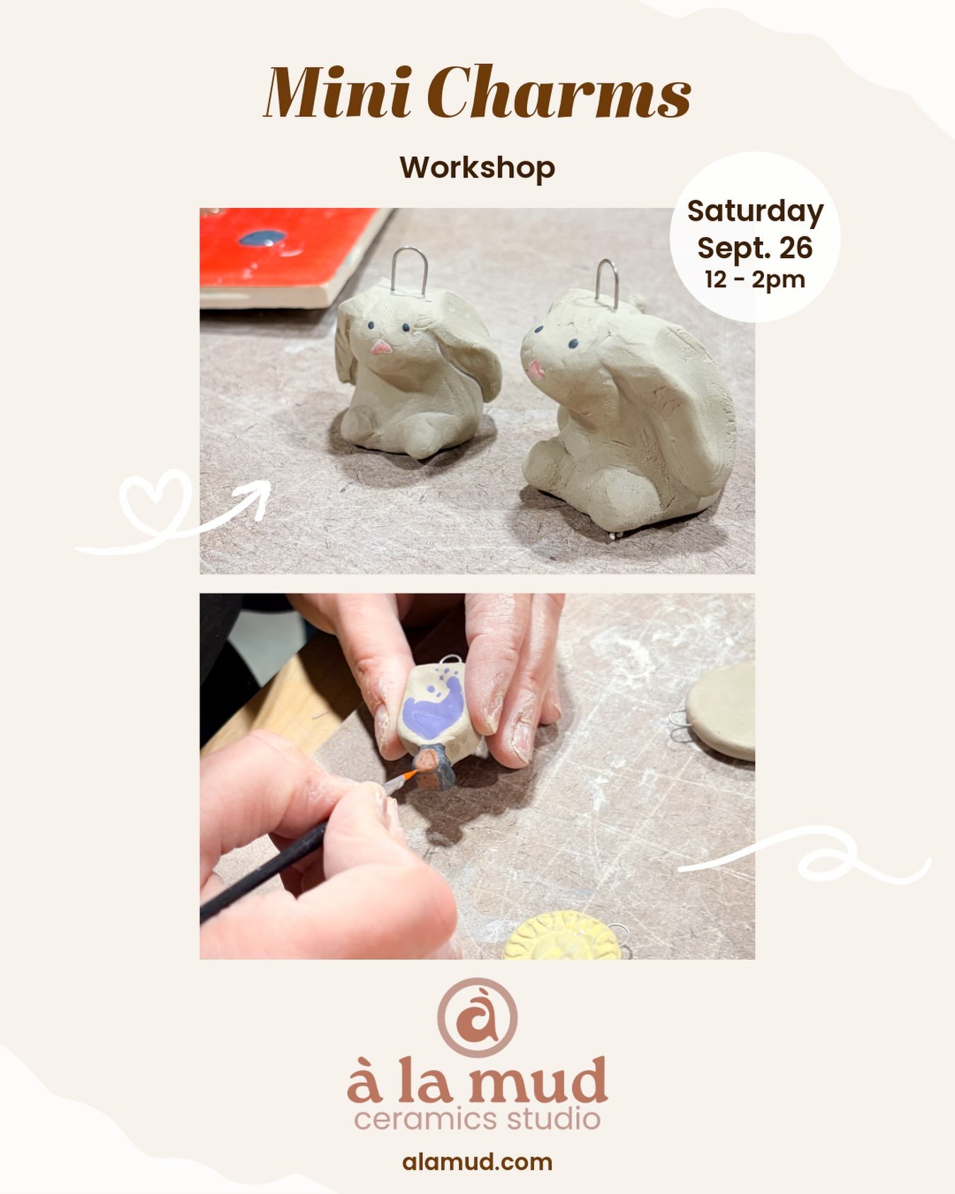 ✨ Tiny treasures are happening this Saturday! ✨

Join me @a.la.mud and create your own collection of 3&ndash;5 mini ceramic charms! Sculpt your little creations from clay, then add color with underglaze to make them completely your own.
🎨 No clay ex