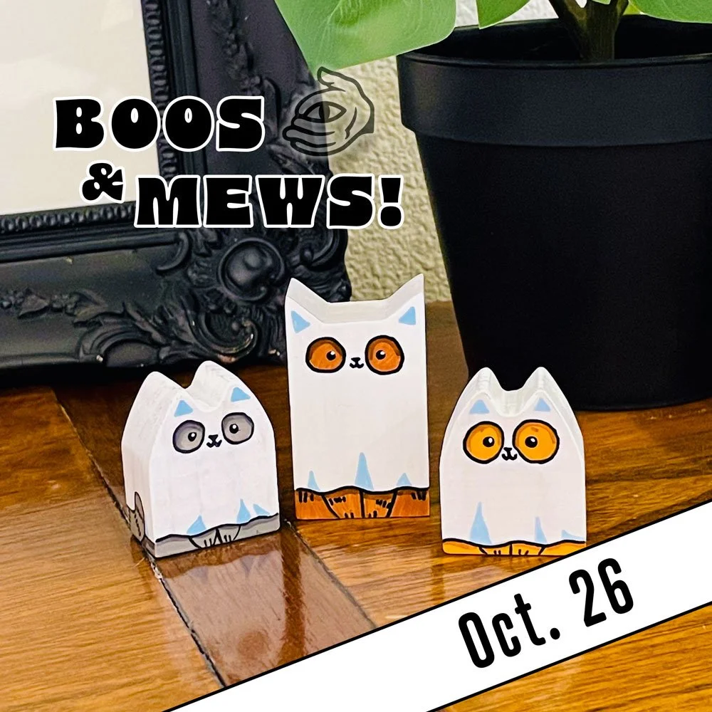 Text reads "Boos & Mews" on Oct. 26. Photo features three miniature cat figurines painted to look like ghosts
