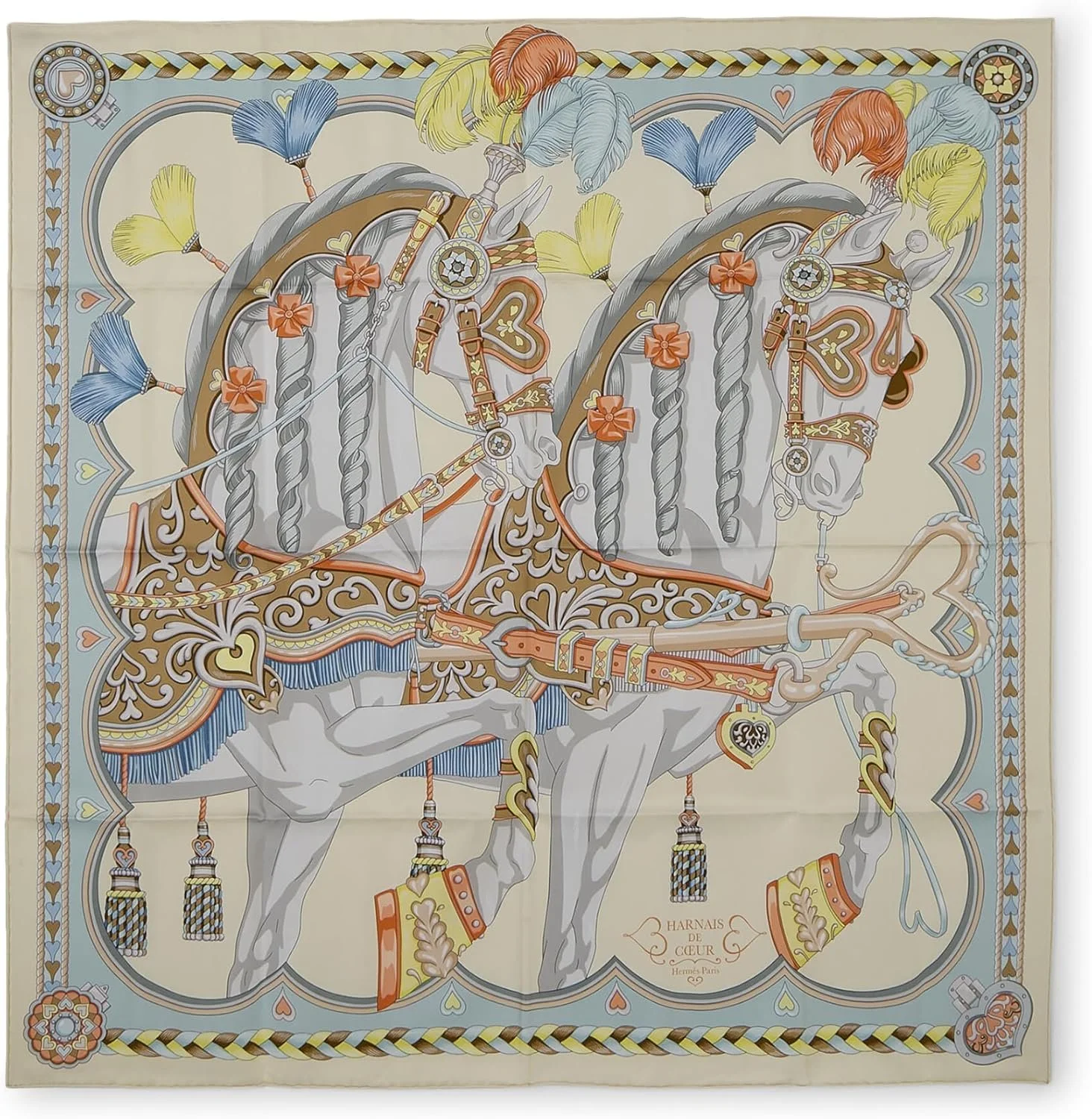 Pre-Loved White &amp; Multicolor 'Harnais de Coeur' Silk Scarf 90, White