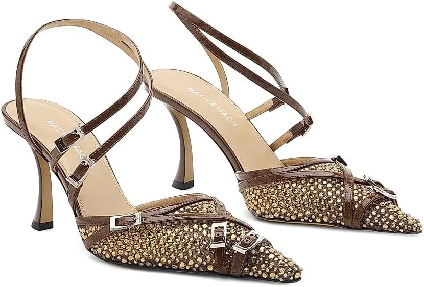 Mach &amp; Mach, Crystal Net Leather 85MM Heel Sandals