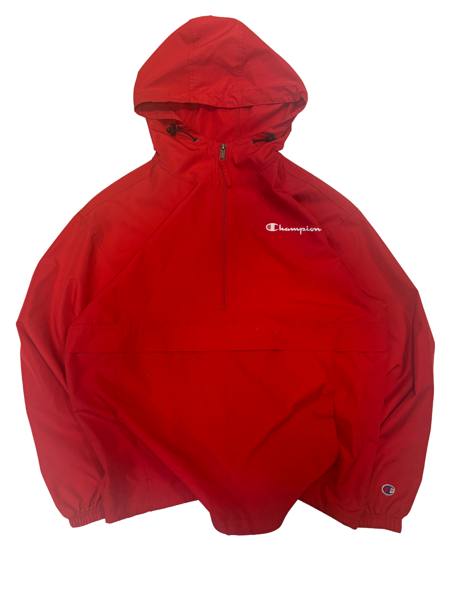 Vintage Champion Red Hooded Windbreaker – Half-Zip Pullover