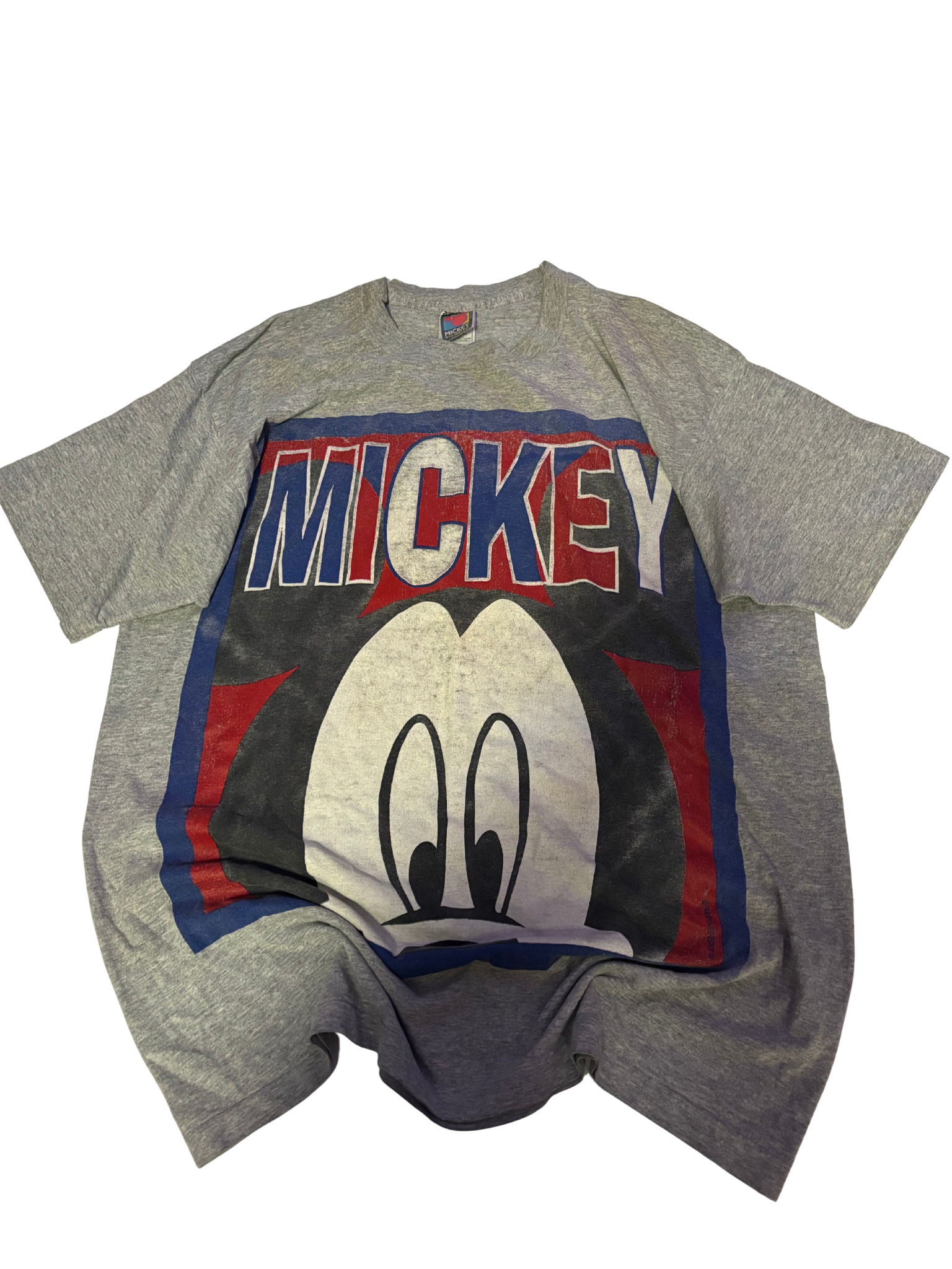 Vintage Mickey Mouse T-Shirt – Big Spellout Graphic – Heather Grey