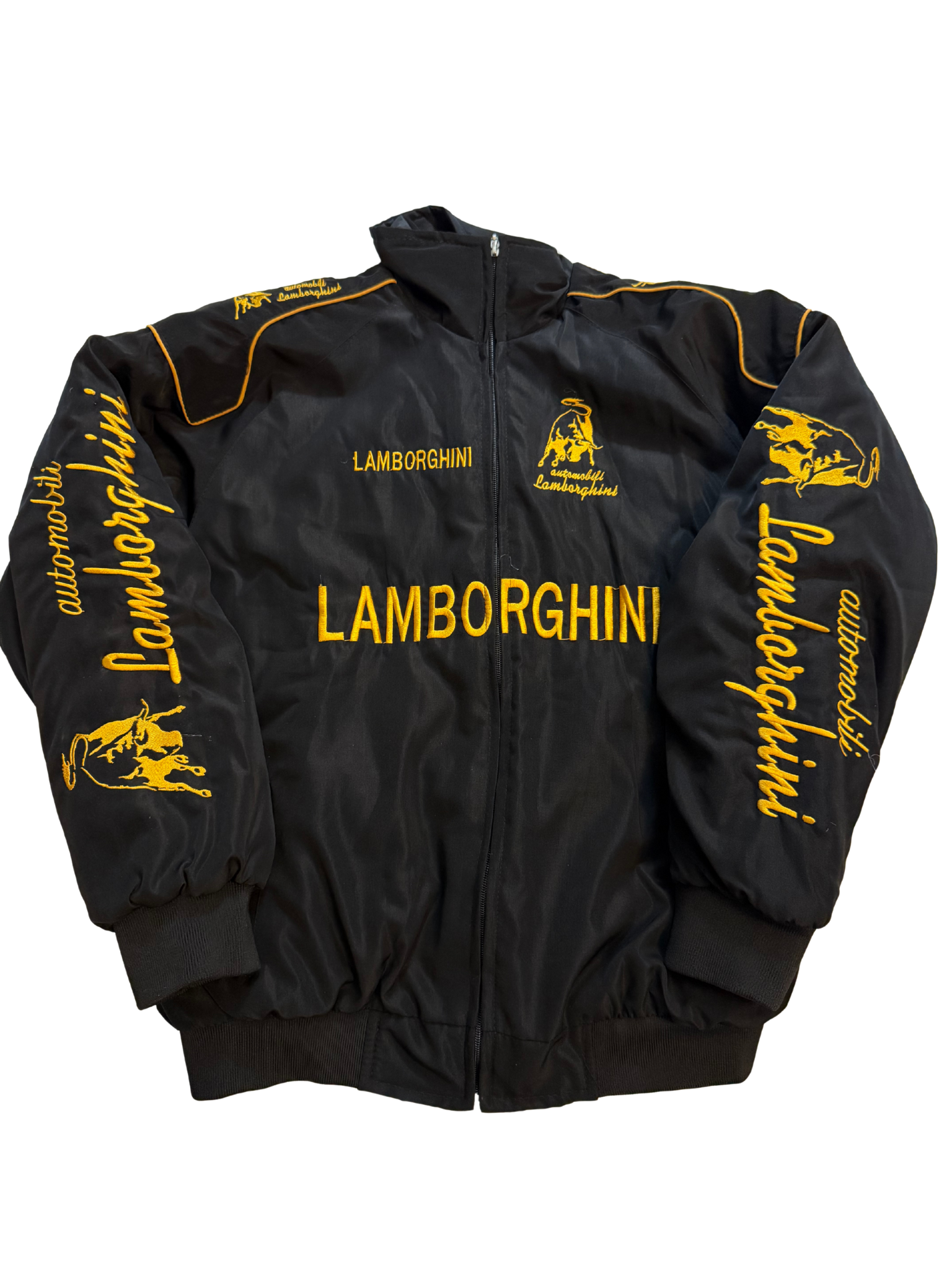 Vintage Lamborghini Racing Jacket – Black & Yellow Embroidered Logo – Automobili Lamborghini Bomber Style