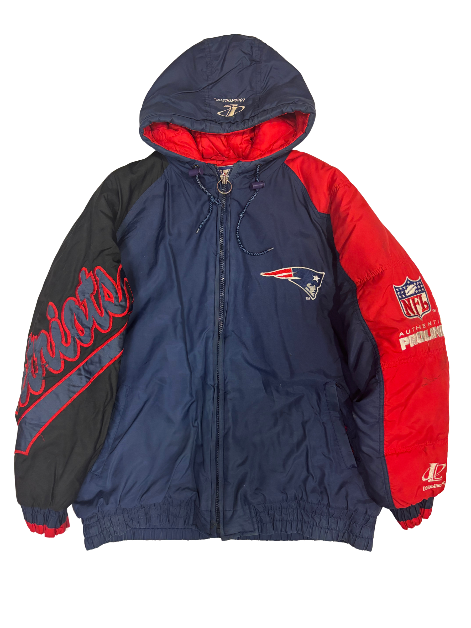 Vintage NFL Patriots Hooded Jacket – Logo Athletic Pro Line – Red & Navy