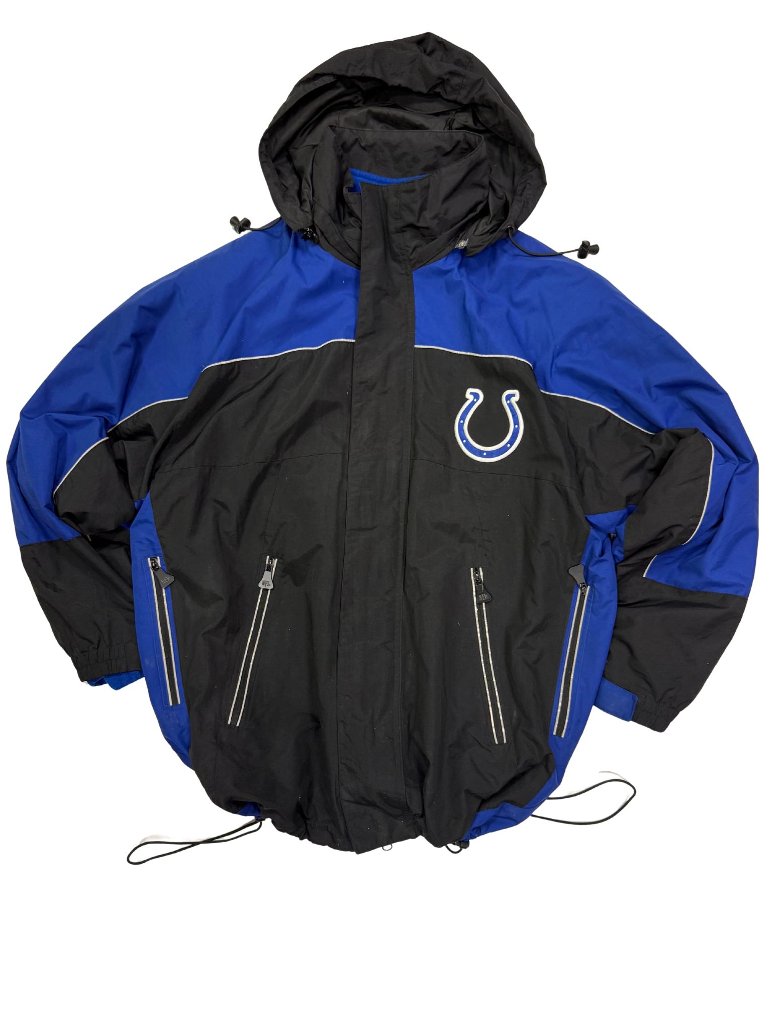 Vintage Indianapolis Colts NFL Hooded Jacket – Black & Blue – Reversible Fleece Lining – Size M