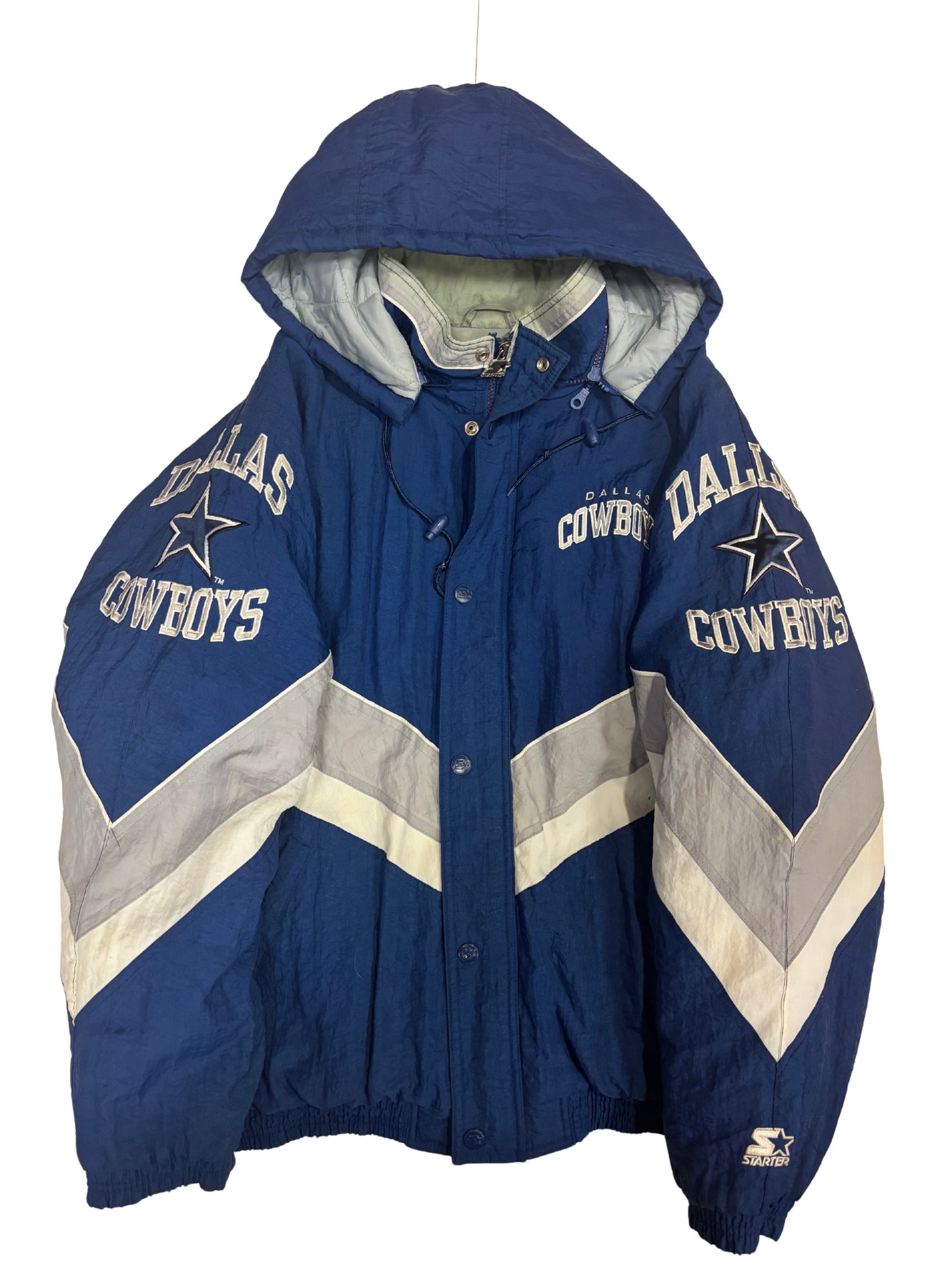 Vintage 90s Dallas Cowboys Starter Pro Line Hooded Jacket – Blue/Grey/White – Embroidered Logos