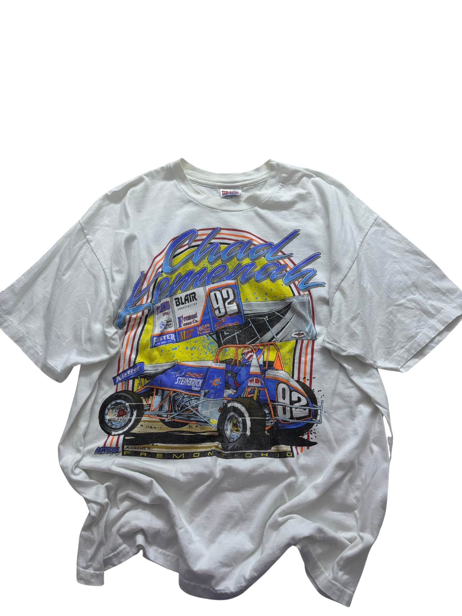 Vintage Chad Kemenah Sprint Car T-Shirt – Fremont, Ohio #92 (Double-Sided) – White