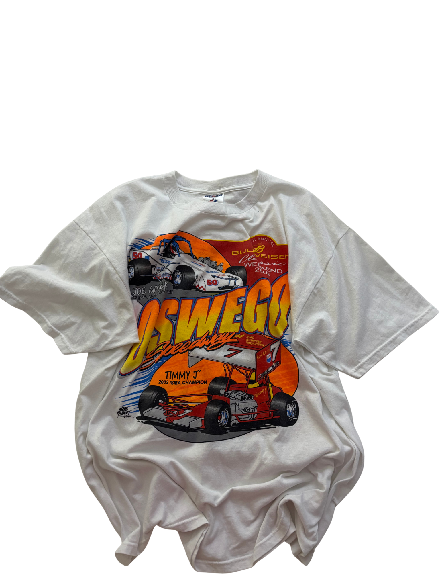 Vintage 2003 Oswego Speedway Budweiser Classic Weekend T-Shirt – Timmy J / Joe Gosek – Racing Graphic Tee