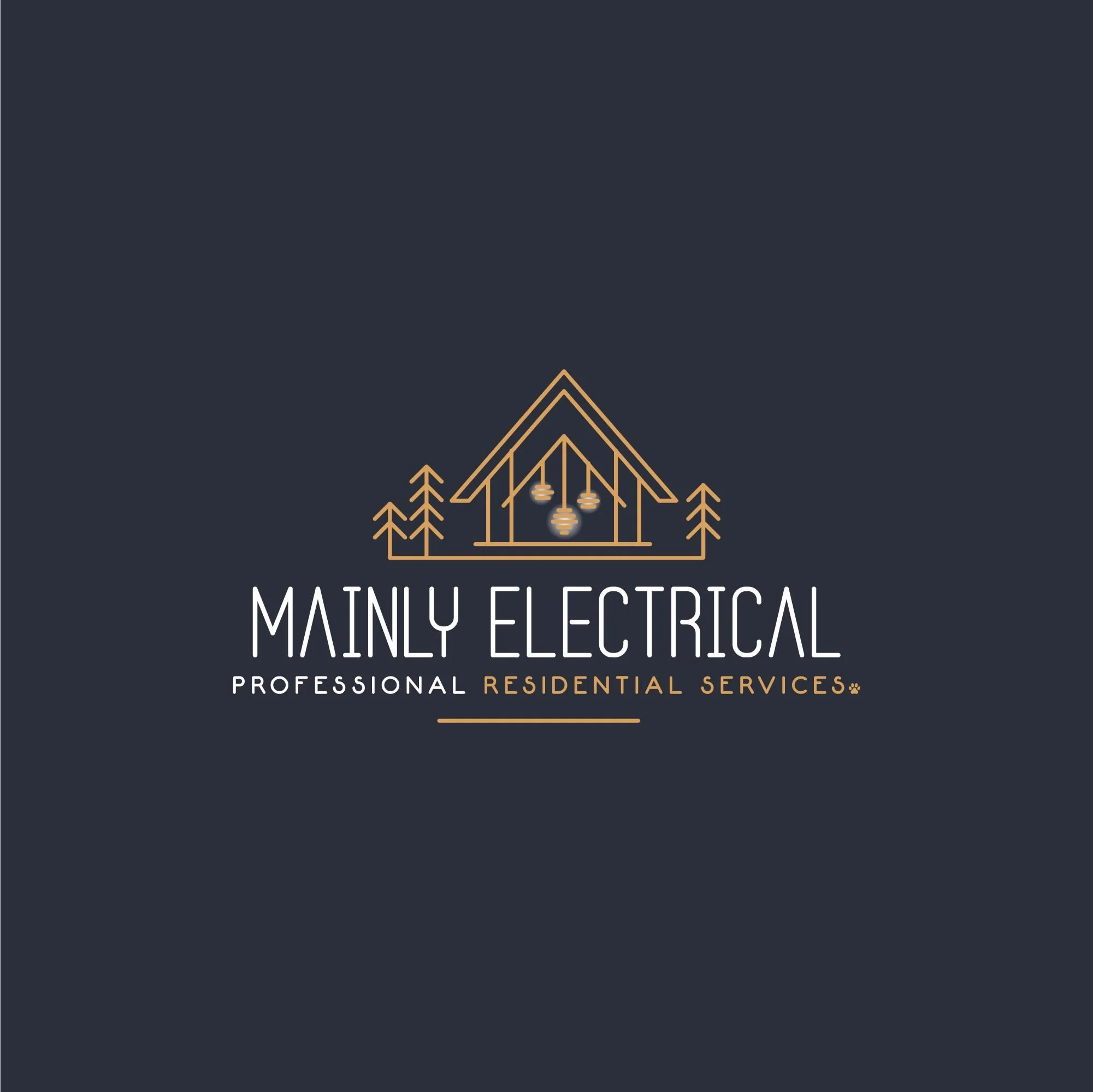 Logo for Mainly Electrical, a professional residential electrical services company, featuring a stylized house with hanging lights and trees, on a dark background.