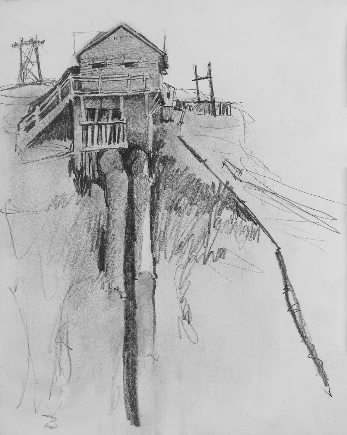 Pump House, Logan Canyon, 13.5 x 10.5", Sketchbook Drawing, 1965