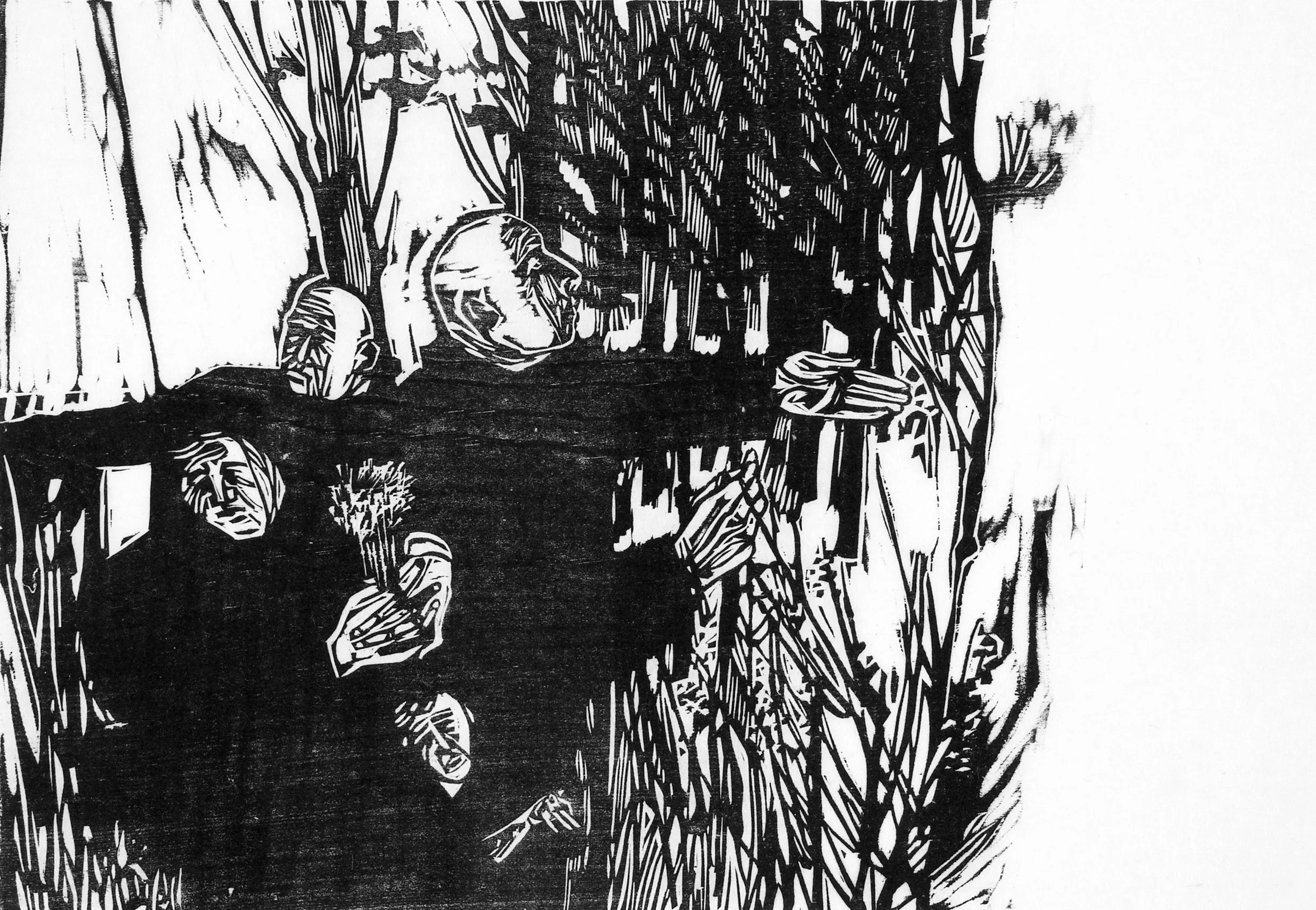 Berry Pickers, Woodcut, 1968, 12 x 16"