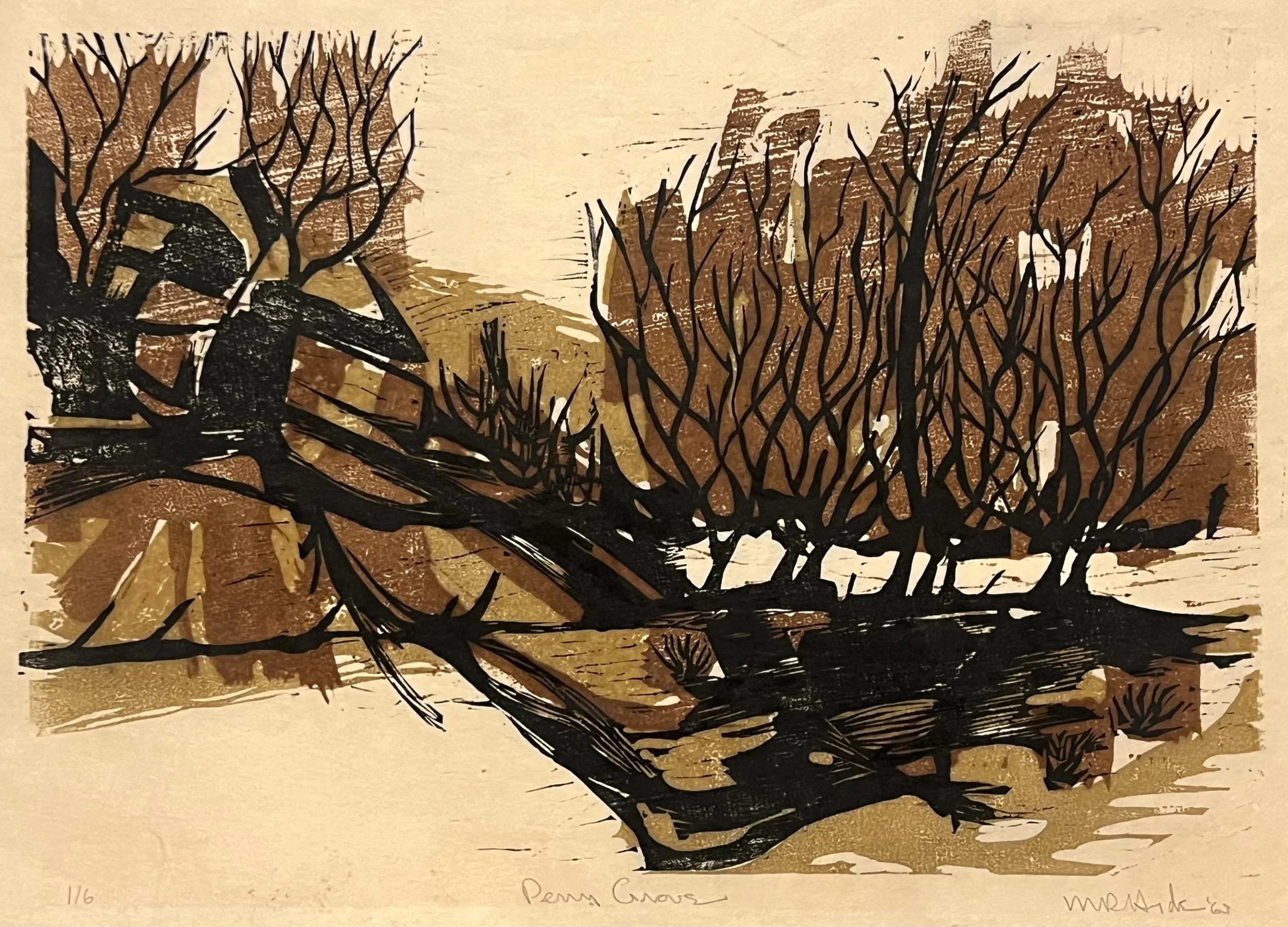 Perry Grove, 13.5 x 20", Color Woodcut, 1963